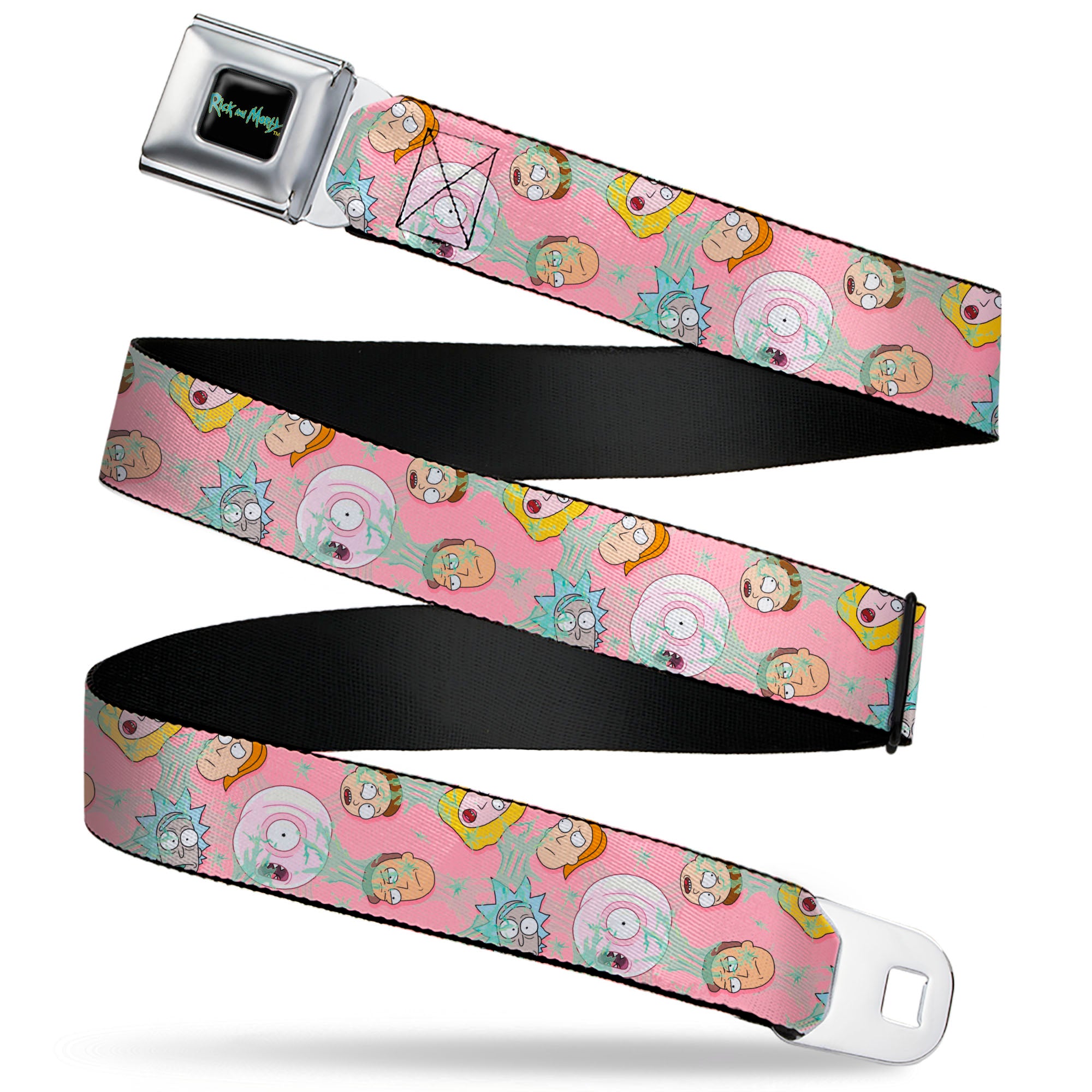 RICK AND MORTY Text Logo Full Color Black/Blue Seatbelt Belt - Rick & Morty Smith Family and Sticky Faces Scattered Pink Webbing Seatbelt Belts Rick and Morty