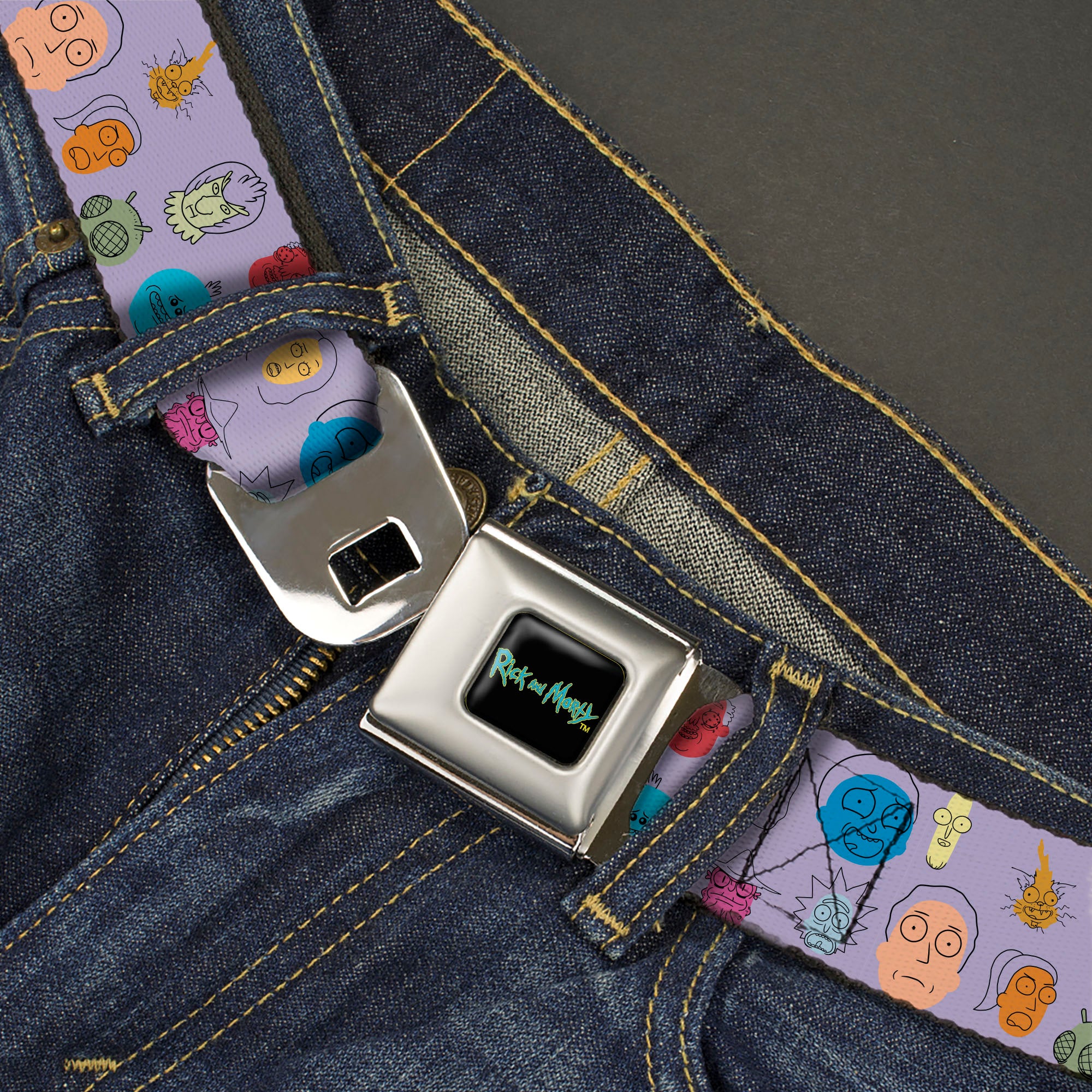 RICK AND MORTY Text Logo Full Color Black/Blue Seatbelt Belt - Rick and Morty Colorful Faces Collage Lavender Webbing Seatbelt Belts Rick and Morty