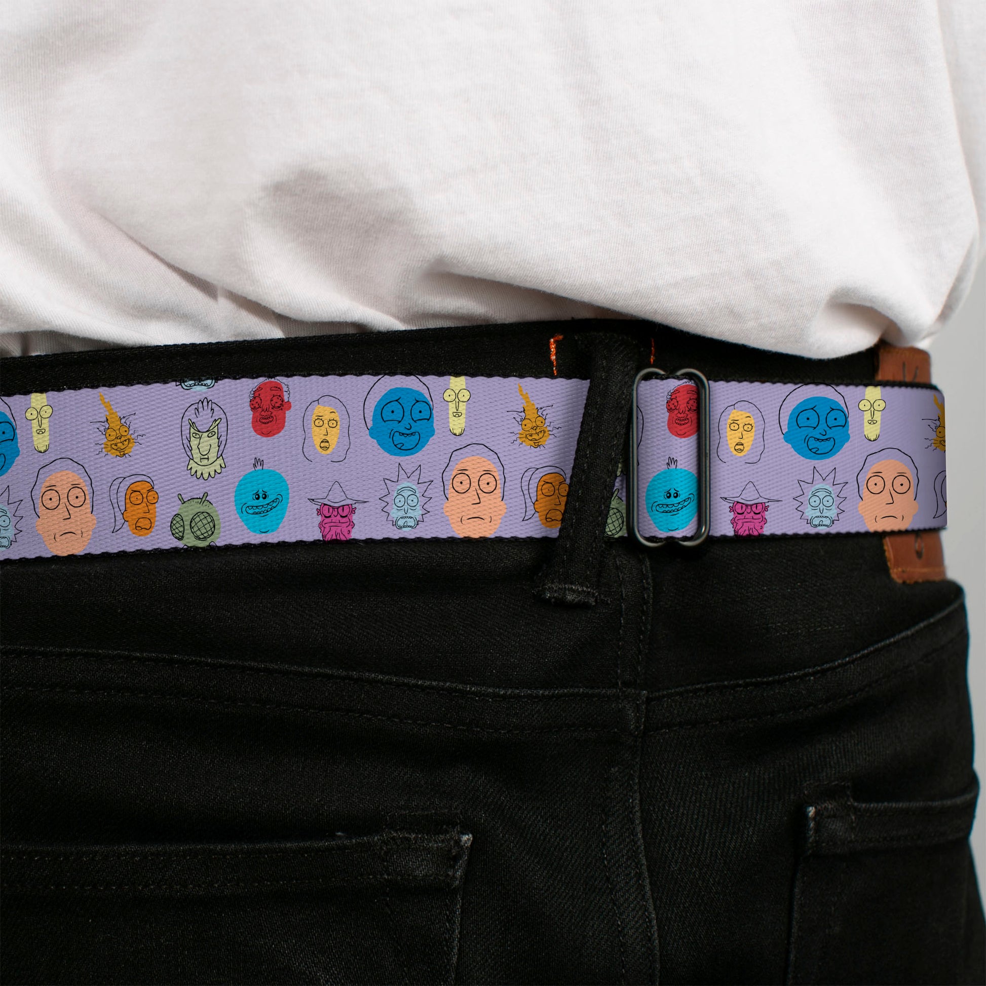 RICK AND MORTY Text Logo Full Color Black/Blue Seatbelt Belt - Rick and Morty Colorful Faces Collage Lavender Webbing Seatbelt Belts Rick and Morty