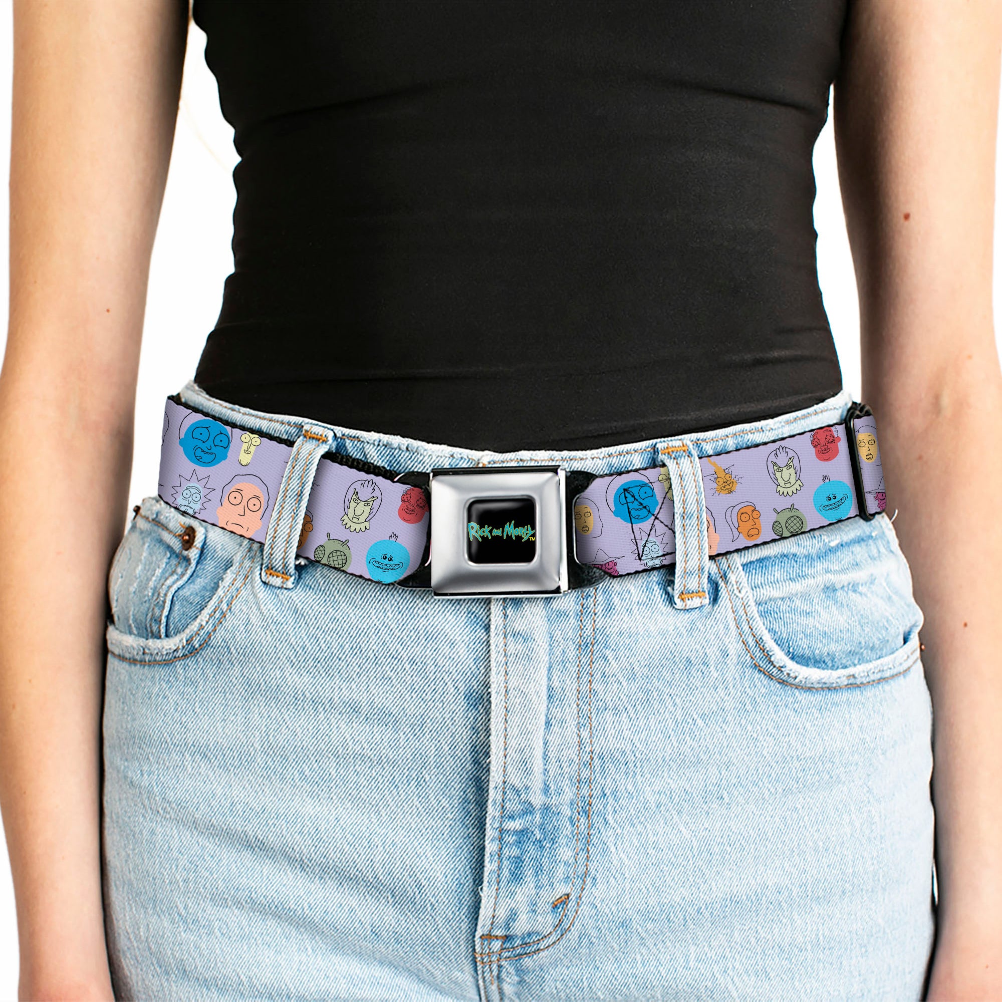 RICK AND MORTY Text Logo Full Color Black/Blue Seatbelt Belt - Rick and Morty Colorful Faces Collage Lavender Webbing Seatbelt Belts Rick and Morty