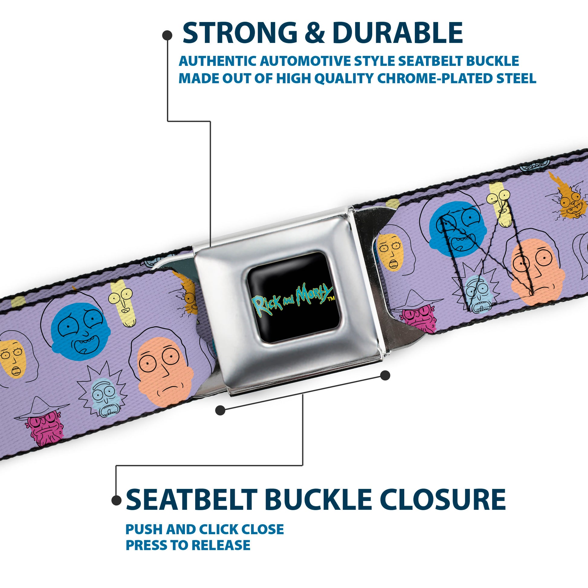 RICK AND MORTY Text Logo Full Color Black/Blue Seatbelt Belt - Rick and Morty Colorful Faces Collage Lavender Webbing Seatbelt Belts Rick and Morty
