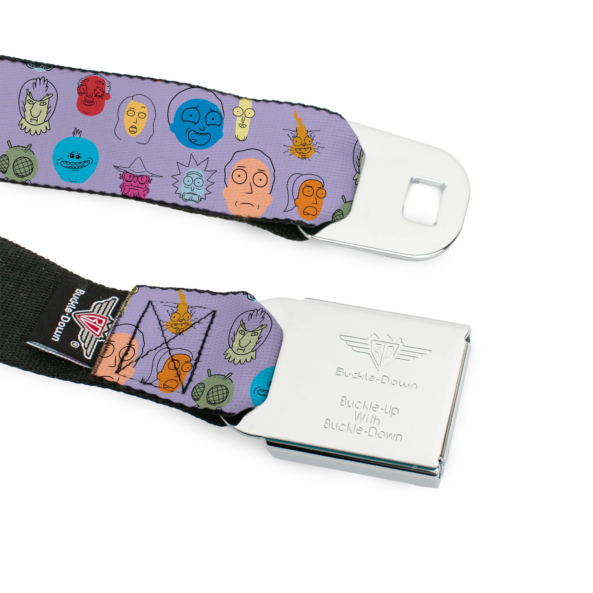 RICK AND MORTY Text Logo Full Color Black/Blue Seatbelt Belt - Rick and Morty Colorful Faces Collage Lavender Webbing Seatbelt Belts Rick and Morty