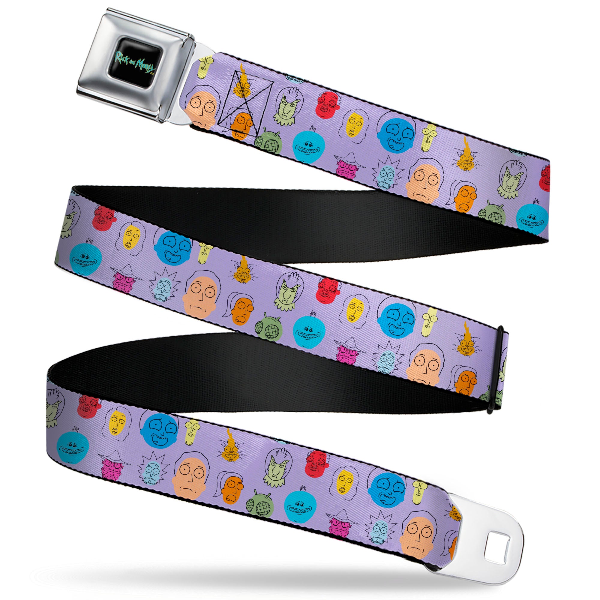 RICK AND MORTY Text Logo Full Color Black/Blue Seatbelt Belt - Rick and Morty Colorful Faces Collage Lavender Webbing Seatbelt Belts Rick and Morty