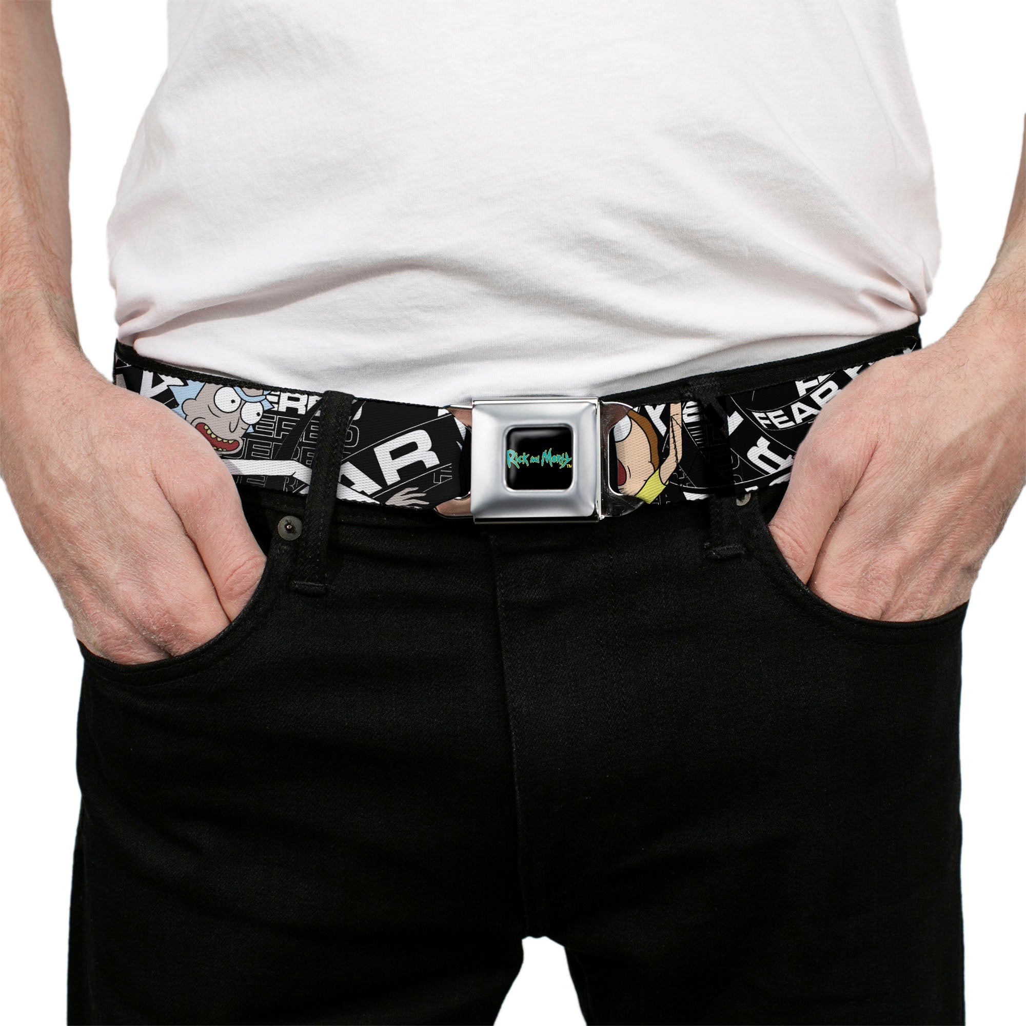 RICK AND MORTY Text Logo Full Color Black/Blue Seatbelt Belt - Rick and Morty FEAR HOLE Pose and Text Black/White Webbing Seatbelt Belts Rick and Morty