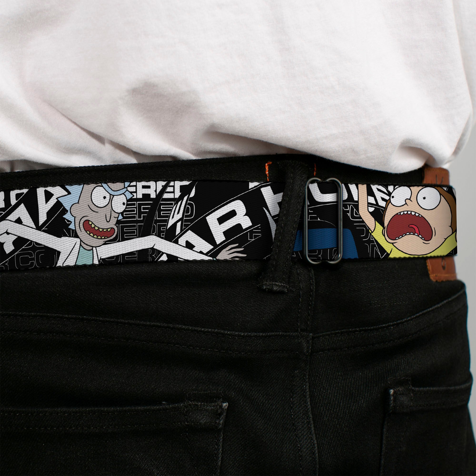 RICK AND MORTY Text Logo Full Color Black/Blue Seatbelt Belt - Rick and Morty FEAR HOLE Pose and Text Black/White Webbing Seatbelt Belts Rick and Morty