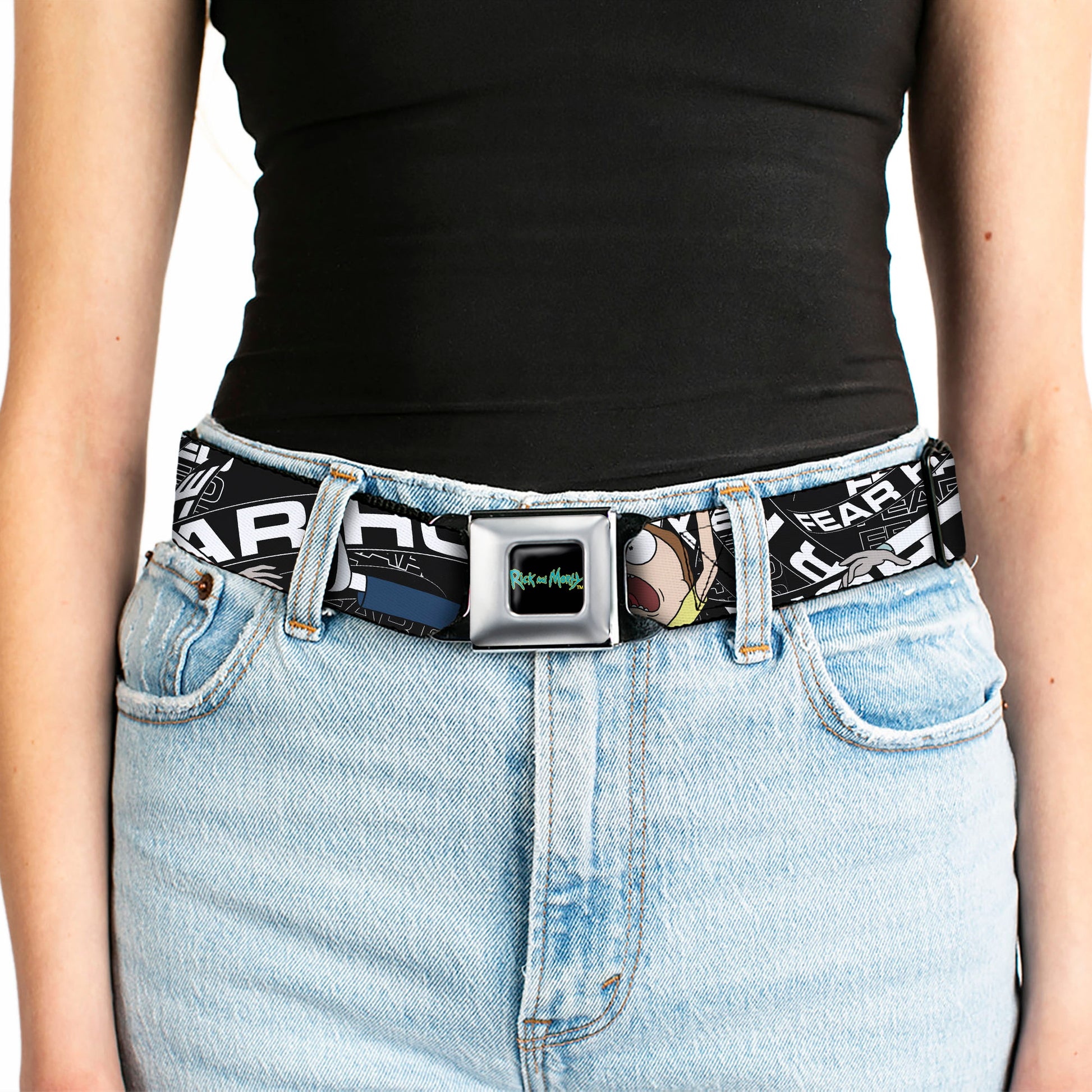 RICK AND MORTY Text Logo Full Color Black/Blue Seatbelt Belt - Rick and Morty FEAR HOLE Pose and Text Black/White Webbing Seatbelt Belts Rick and Morty