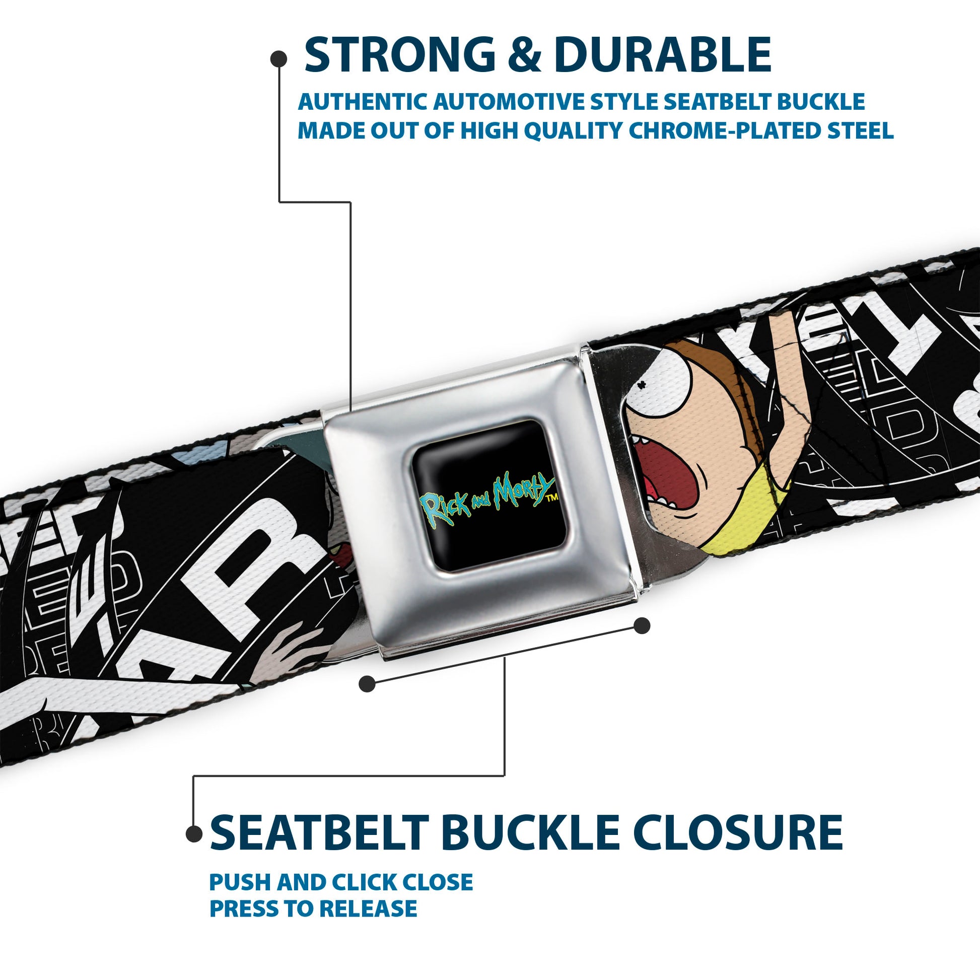 RICK AND MORTY Text Logo Full Color Black/Blue Seatbelt Belt - Rick and Morty FEAR HOLE Pose and Text Black/White Webbing Seatbelt Belts Rick and Morty