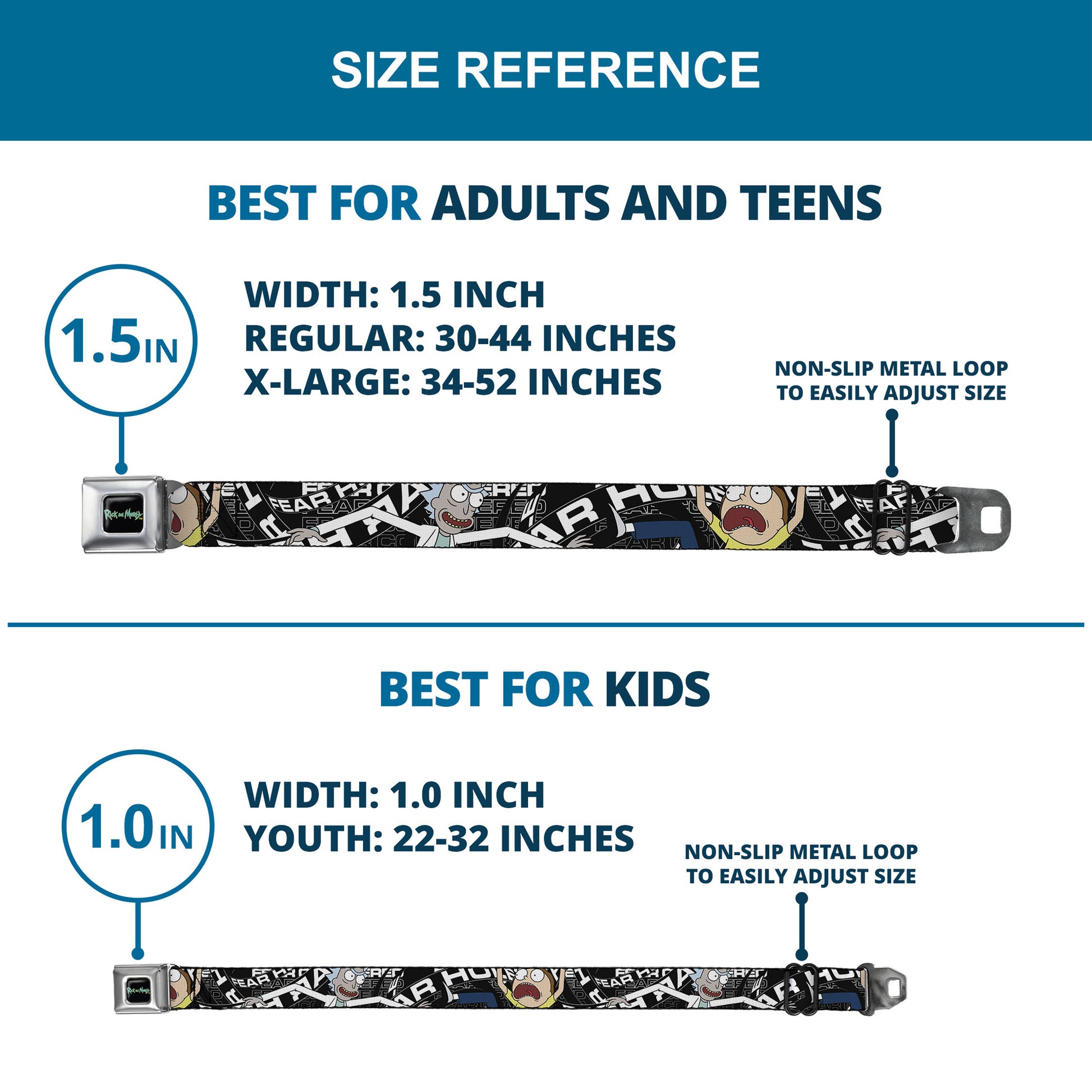 RICK AND MORTY Text Logo Full Color Black/Blue Seatbelt Belt - Rick and Morty FEAR HOLE Pose and Text Black/White Webbing Seatbelt Belts Rick and Morty