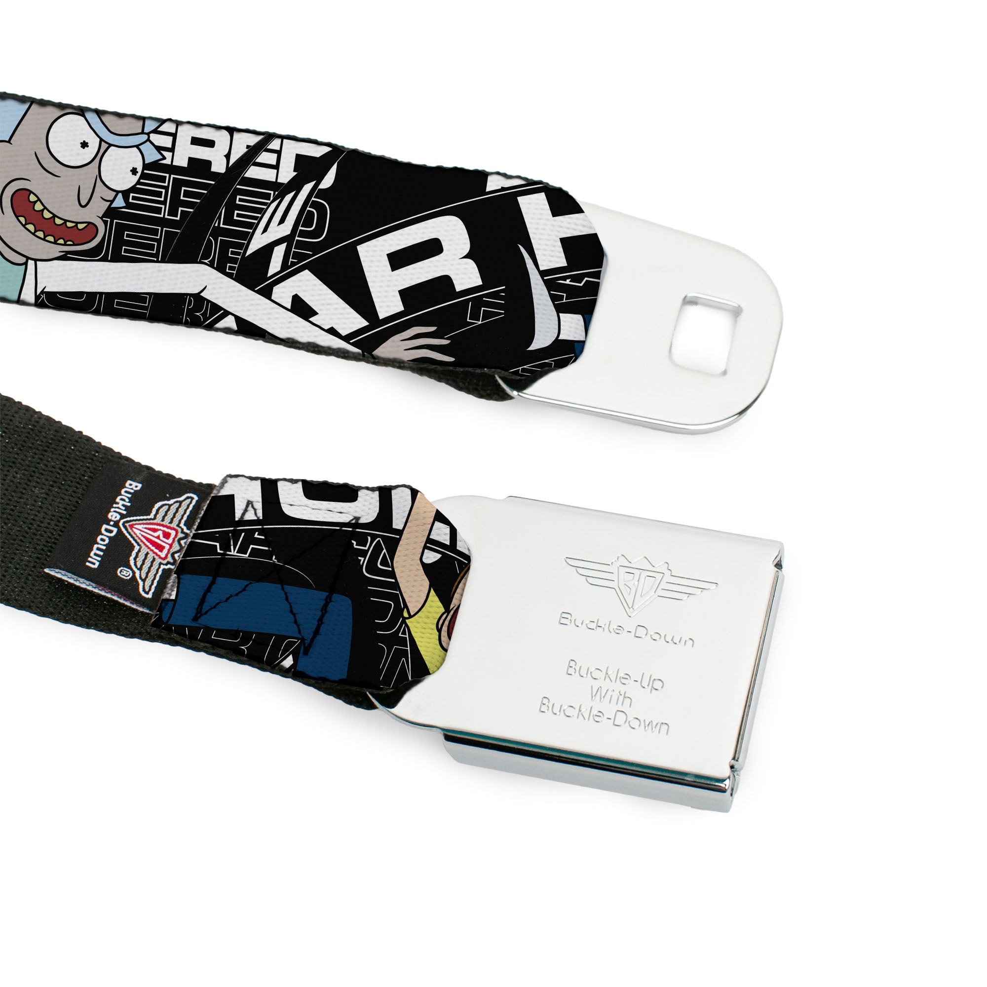 RICK AND MORTY Text Logo Full Color Black/Blue Seatbelt Belt - Rick and Morty FEAR HOLE Pose and Text Black/White Webbing Seatbelt Belts Rick and Morty