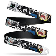 RICK AND MORTY Text Logo Full Color Black/Blue Seatbelt Belt - Rick and Morty FEAR HOLE Pose and Text Black/White Webbing Seatbelt Belts Rick and Morty