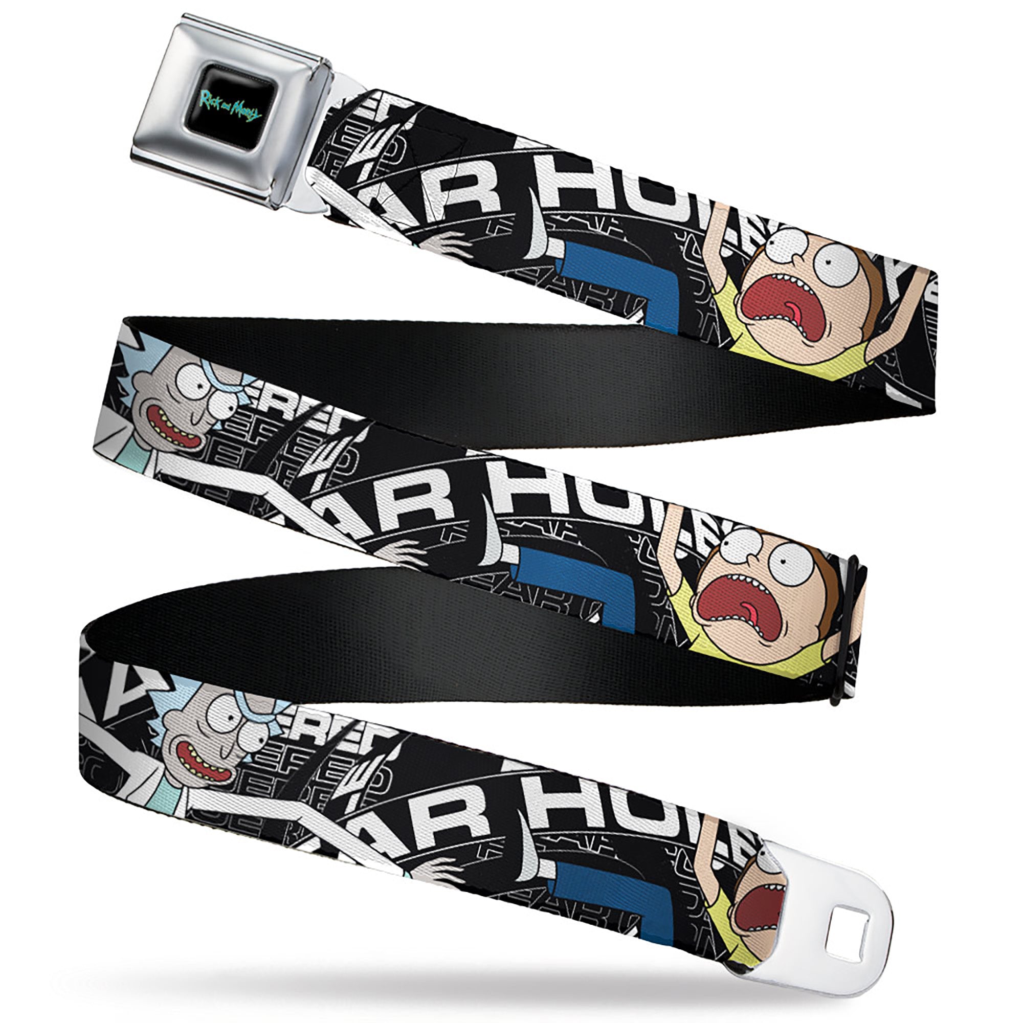 RICK AND MORTY Text Logo Full Color Black/Blue Seatbelt Belt - Rick and Morty FEAR HOLE Pose and Text Black/White Webbing Seatbelt Belts Rick and Morty