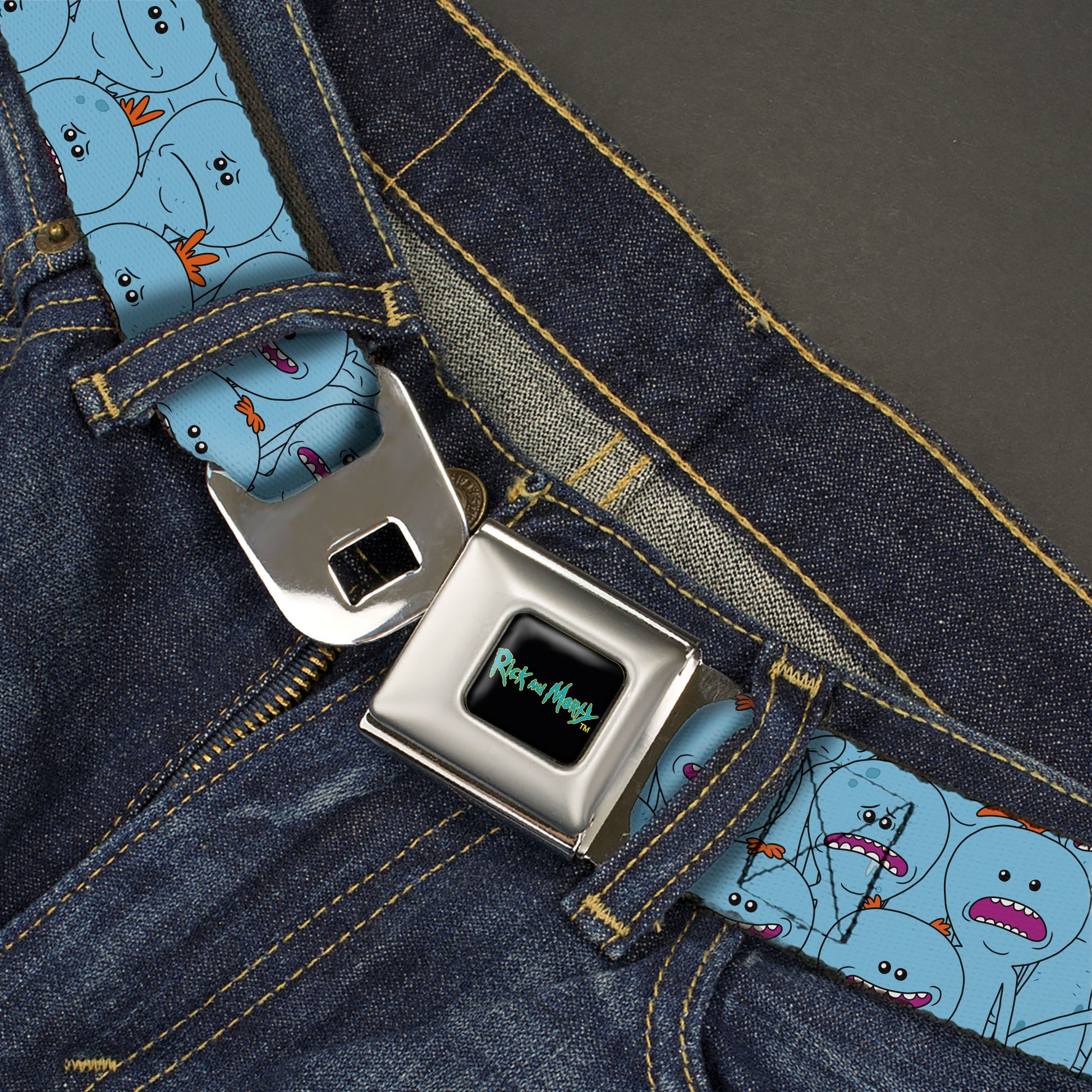 RICK AND MORTY Text Logo Full Color Black/Blue Seatbelt Belt - Rick and Morty Kirkland Meeseeks and Meeseeks Expressions Blue/Red Webbing Seatbelt Belts Rick and Morty
