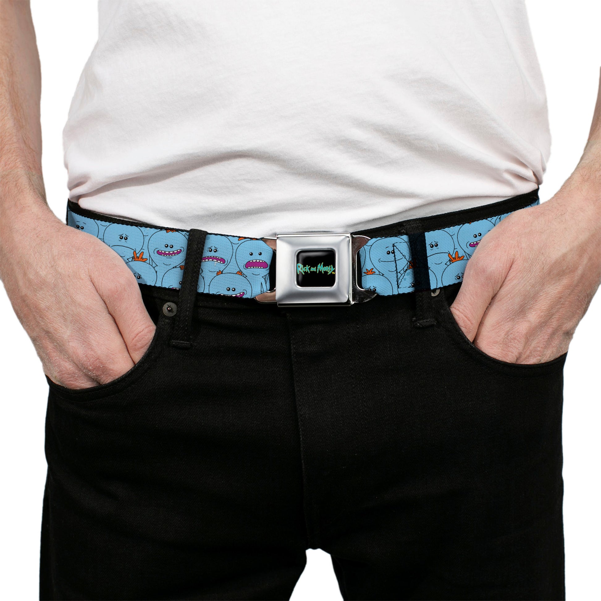 RICK AND MORTY Text Logo Full Color Black/Blue Seatbelt Belt - Rick and Morty Kirkland Meeseeks and Meeseeks Expressions Blue/Red Webbing Seatbelt Belts Rick and Morty