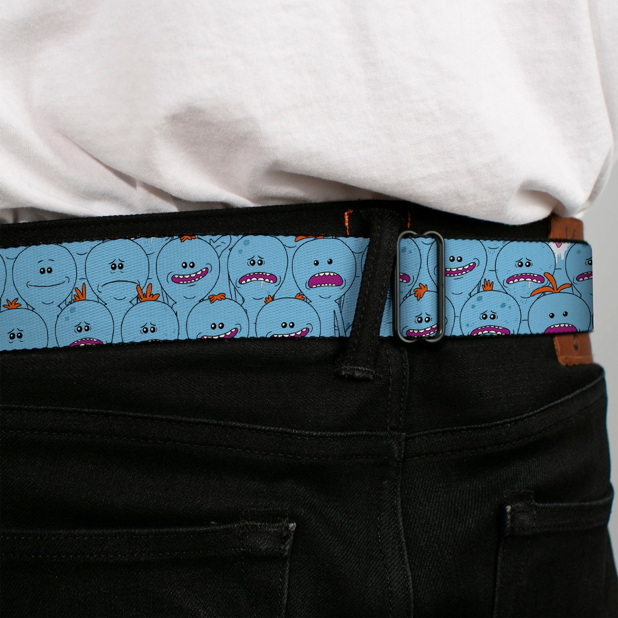 RICK AND MORTY Text Logo Full Color Black/Blue Seatbelt Belt - Rick and Morty Kirkland Meeseeks and Meeseeks Expressions Blue/Red Webbing Seatbelt Belts Rick and Morty