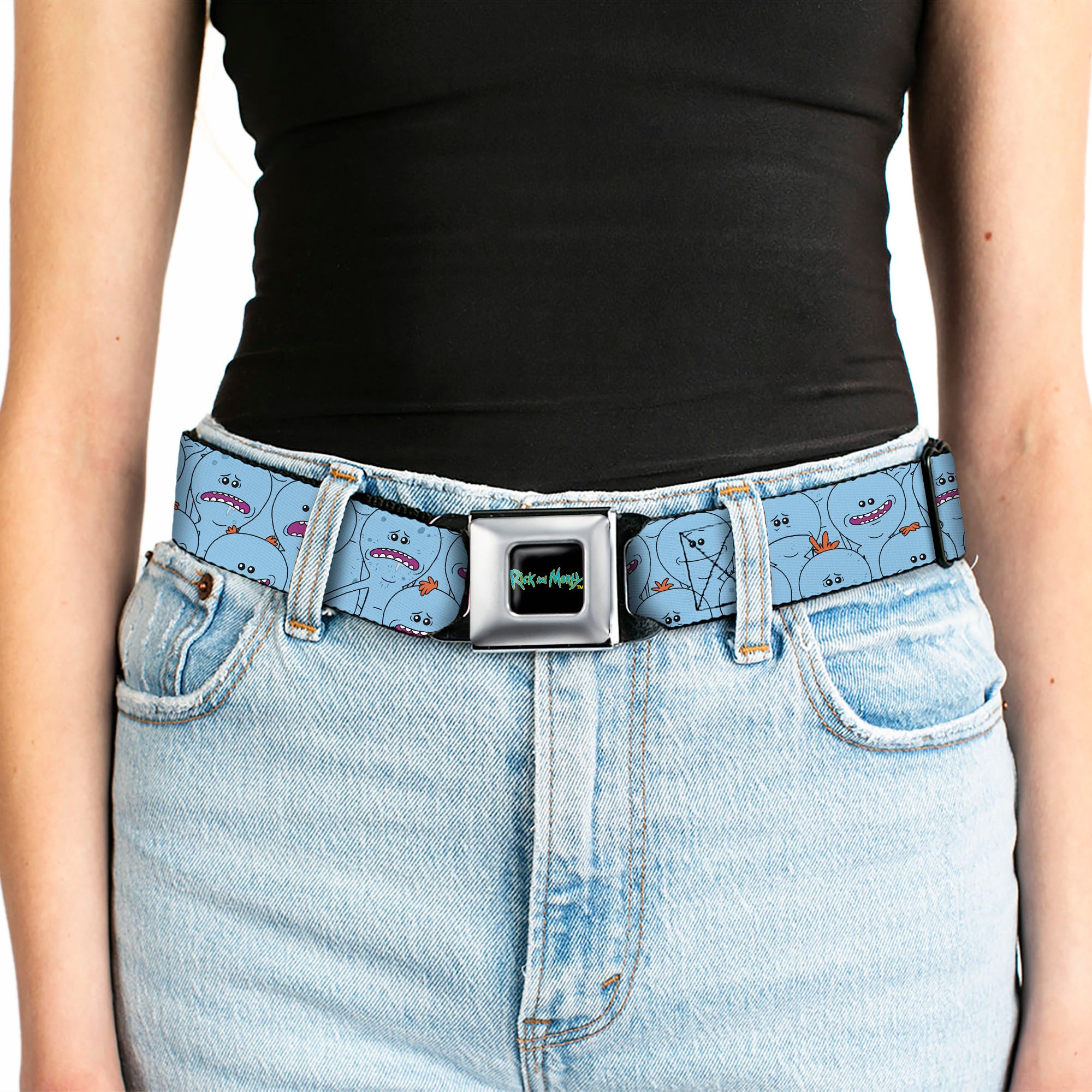 RICK AND MORTY Text Logo Full Color Black/Blue Seatbelt Belt - Rick and Morty Kirkland Meeseeks and Meeseeks Expressions Blue/Red Webbing Seatbelt Belts Rick and Morty