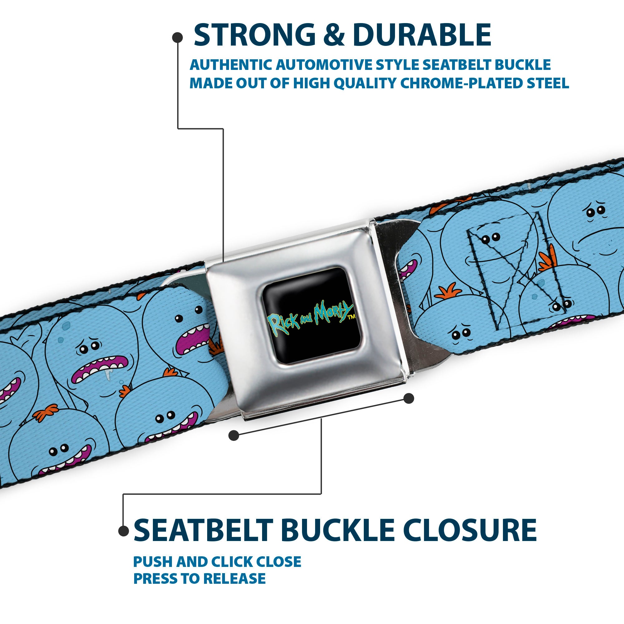 RICK AND MORTY Text Logo Full Color Black/Blue Seatbelt Belt - Rick and Morty Kirkland Meeseeks and Meeseeks Expressions Blue/Red Webbing Seatbelt Belts Rick and Morty