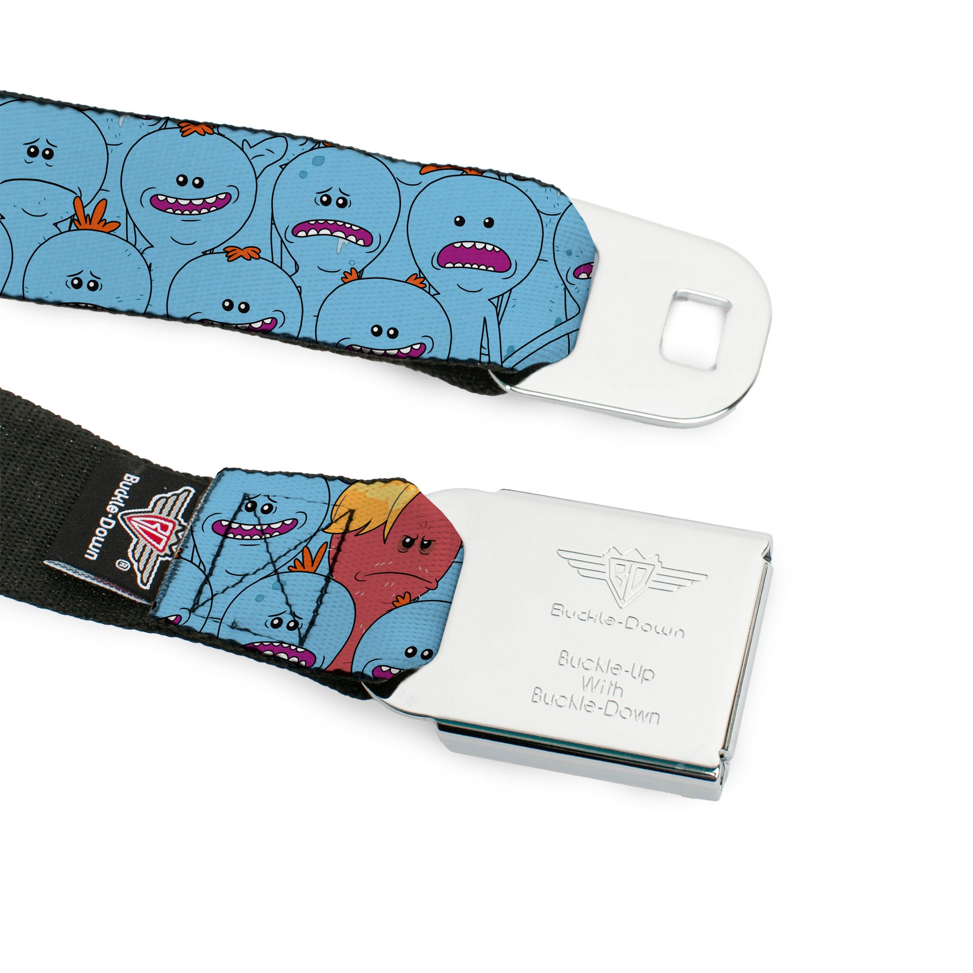 RICK AND MORTY Text Logo Full Color Black/Blue Seatbelt Belt - Rick and Morty Kirkland Meeseeks and Meeseeks Expressions Blue/Red Webbing Seatbelt Belts Rick and Morty