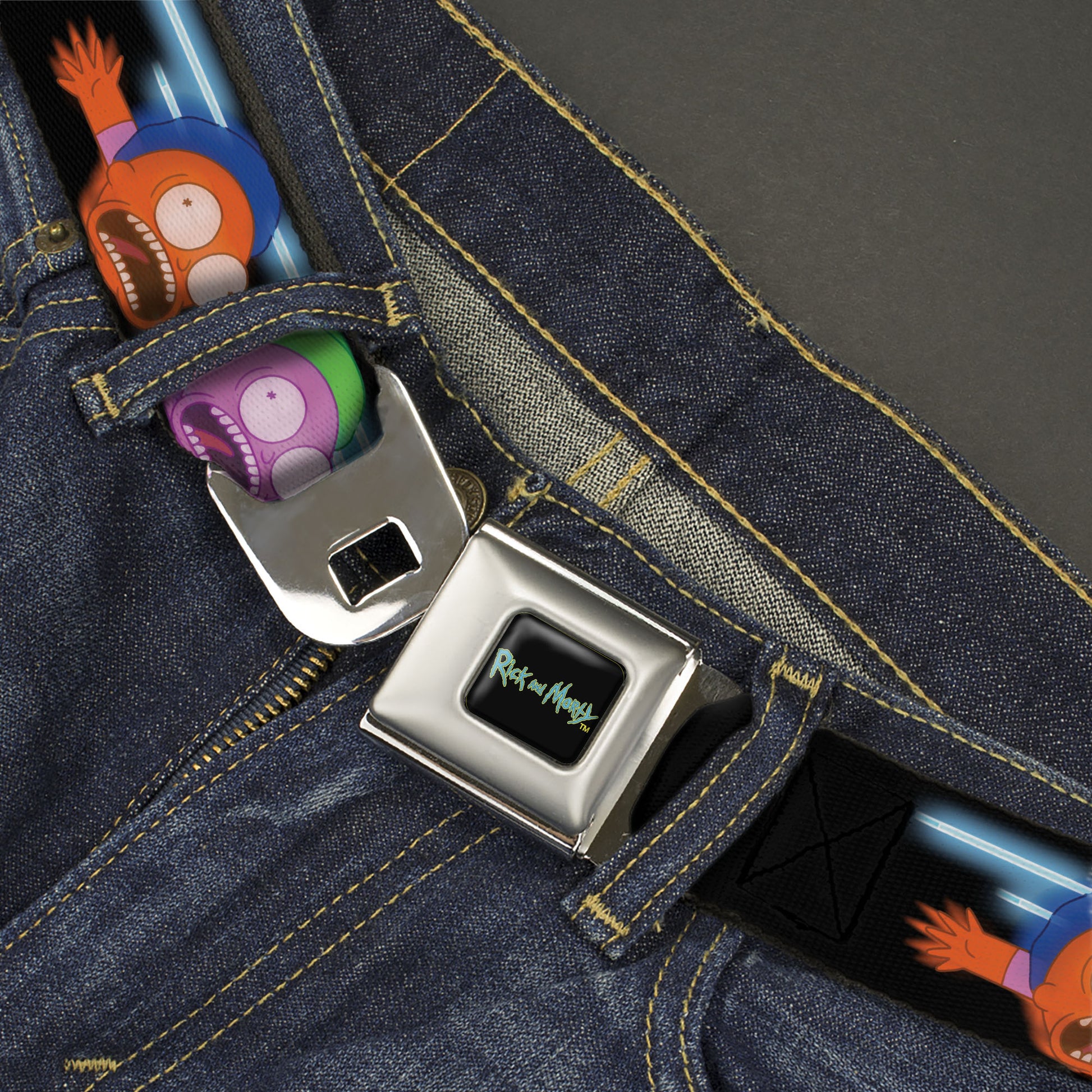 RICK AND MORTY Text Logo Full Color Black/Blue Seatbelt Belt - Morty Screaming Face Black/Multi Color Webbing Seatbelt Belts Rick and Morty