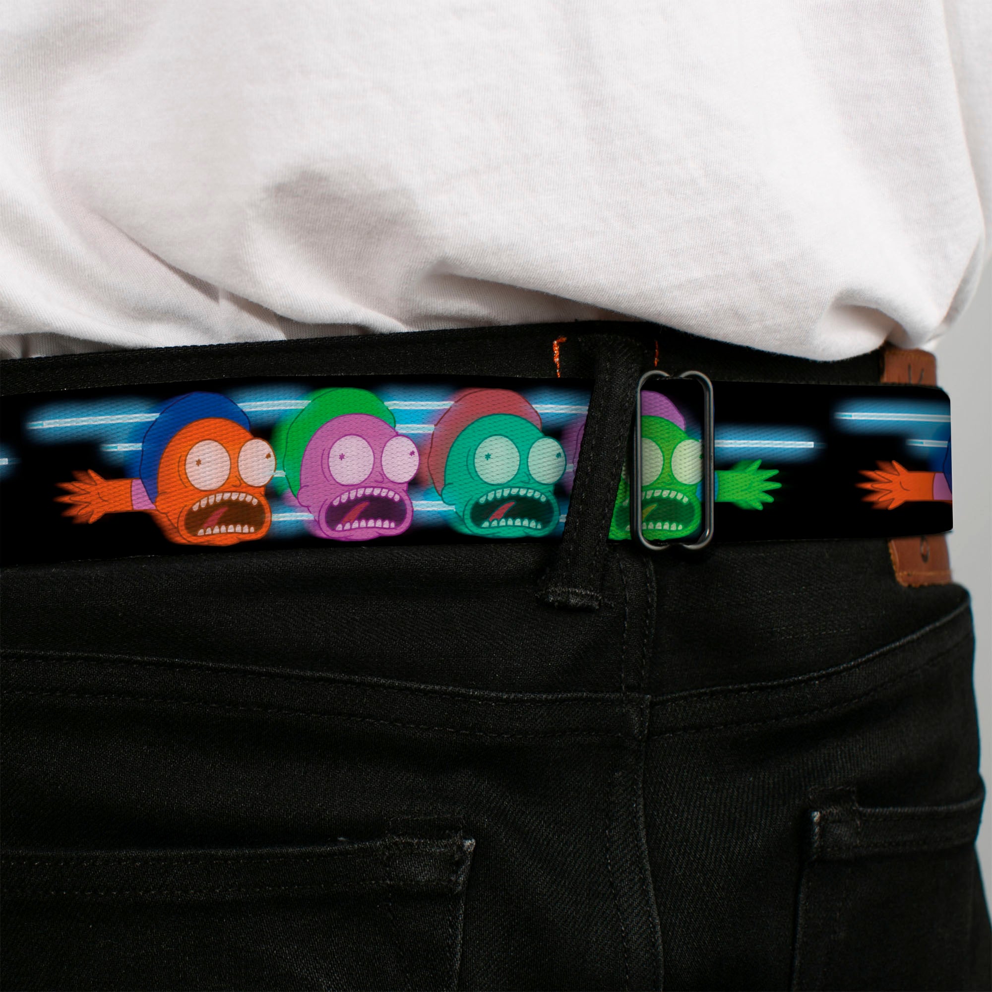 RICK AND MORTY Text Logo Full Color Black/Blue Seatbelt Belt - Morty Screaming Face Black/Multi Color Webbing Seatbelt Belts Rick and Morty