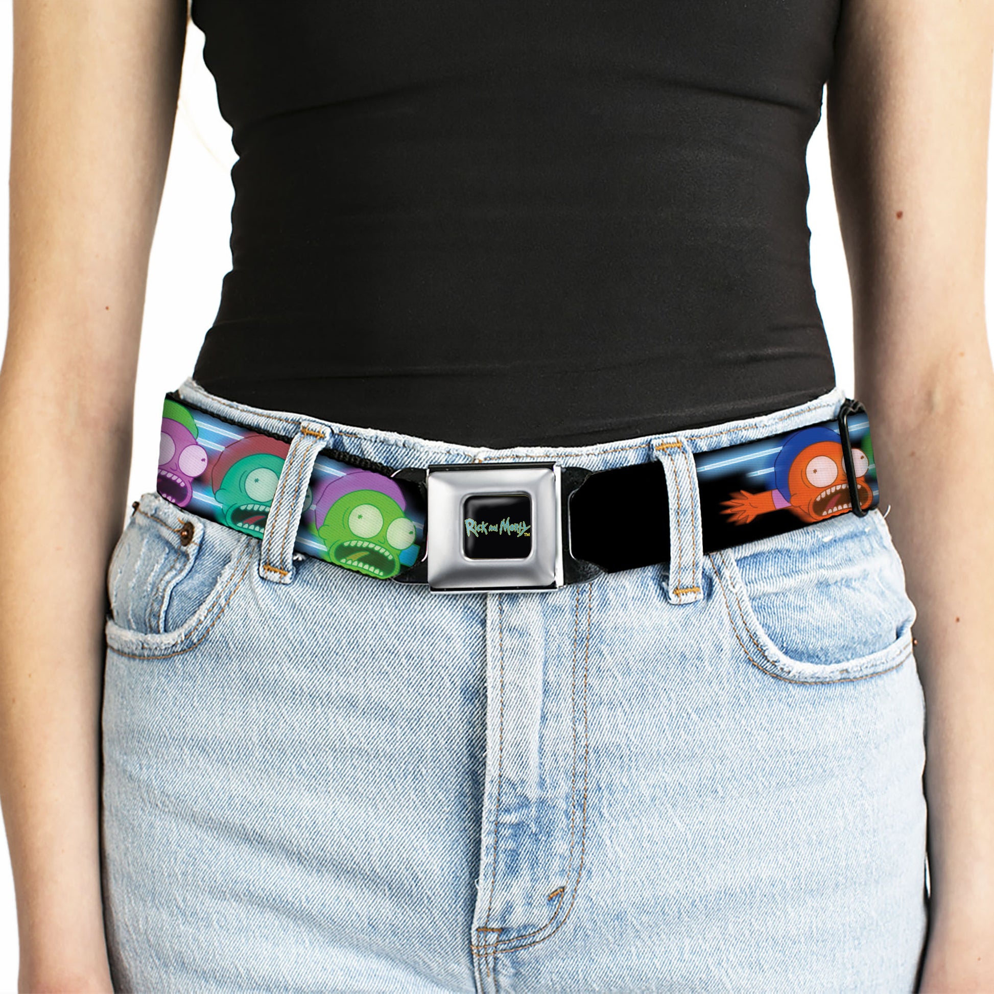 RICK AND MORTY Text Logo Full Color Black/Blue Seatbelt Belt - Morty Screaming Face Black/Multi Color Webbing Seatbelt Belts Rick and Morty