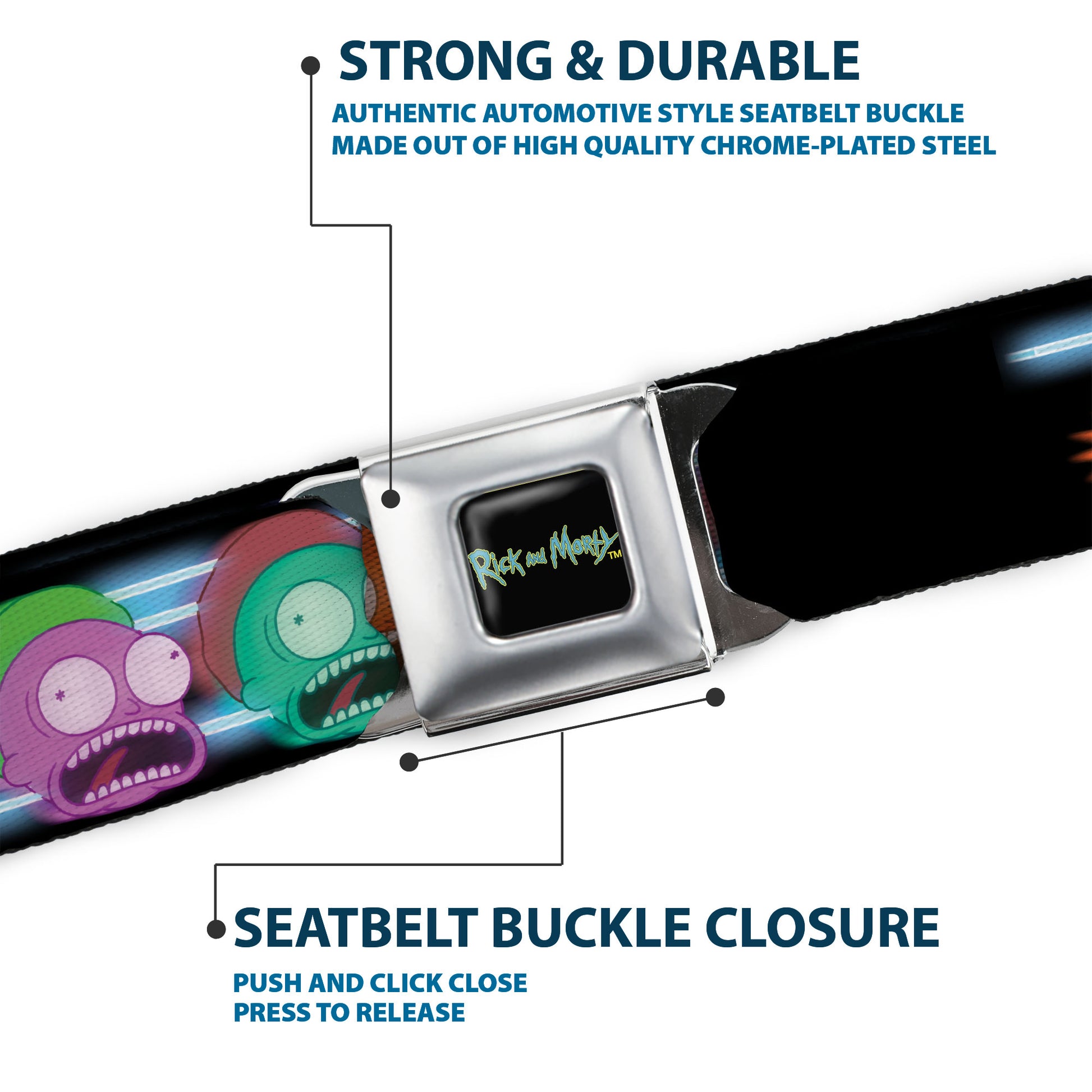 RICK AND MORTY Text Logo Full Color Black/Blue Seatbelt Belt - Morty Screaming Face Black/Multi Color Webbing Seatbelt Belts Rick and Morty