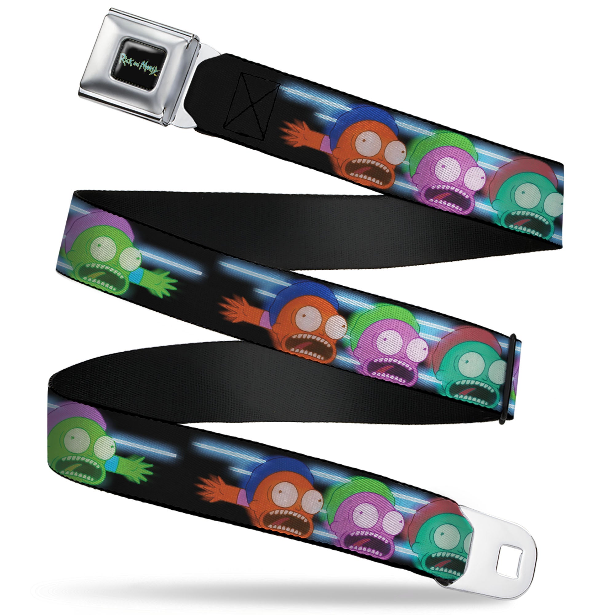 RICK AND MORTY Text Logo Full Color Black/Blue Seatbelt Belt - Morty Screaming Face Black/Multi Color Webbing Seatbelt Belts Rick and Morty