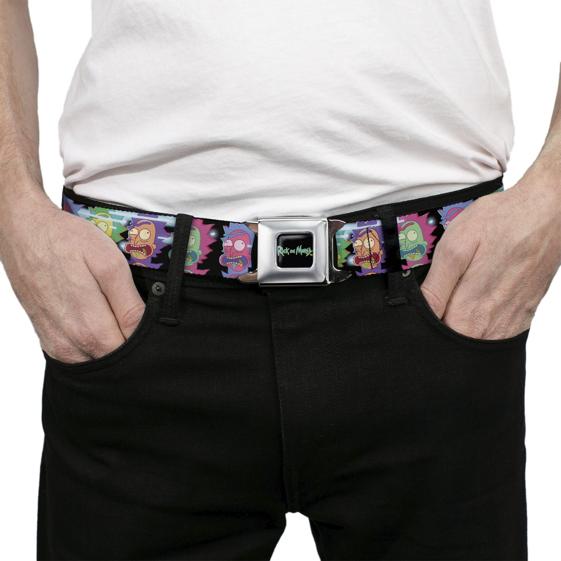 RICK AND MORTY Text Logo Full Color Black/Blue Seatbelt Belt - Rick Sanchez Screaming Face Black/Multi Color Webbing Seatbelt Belts Rick and Morty