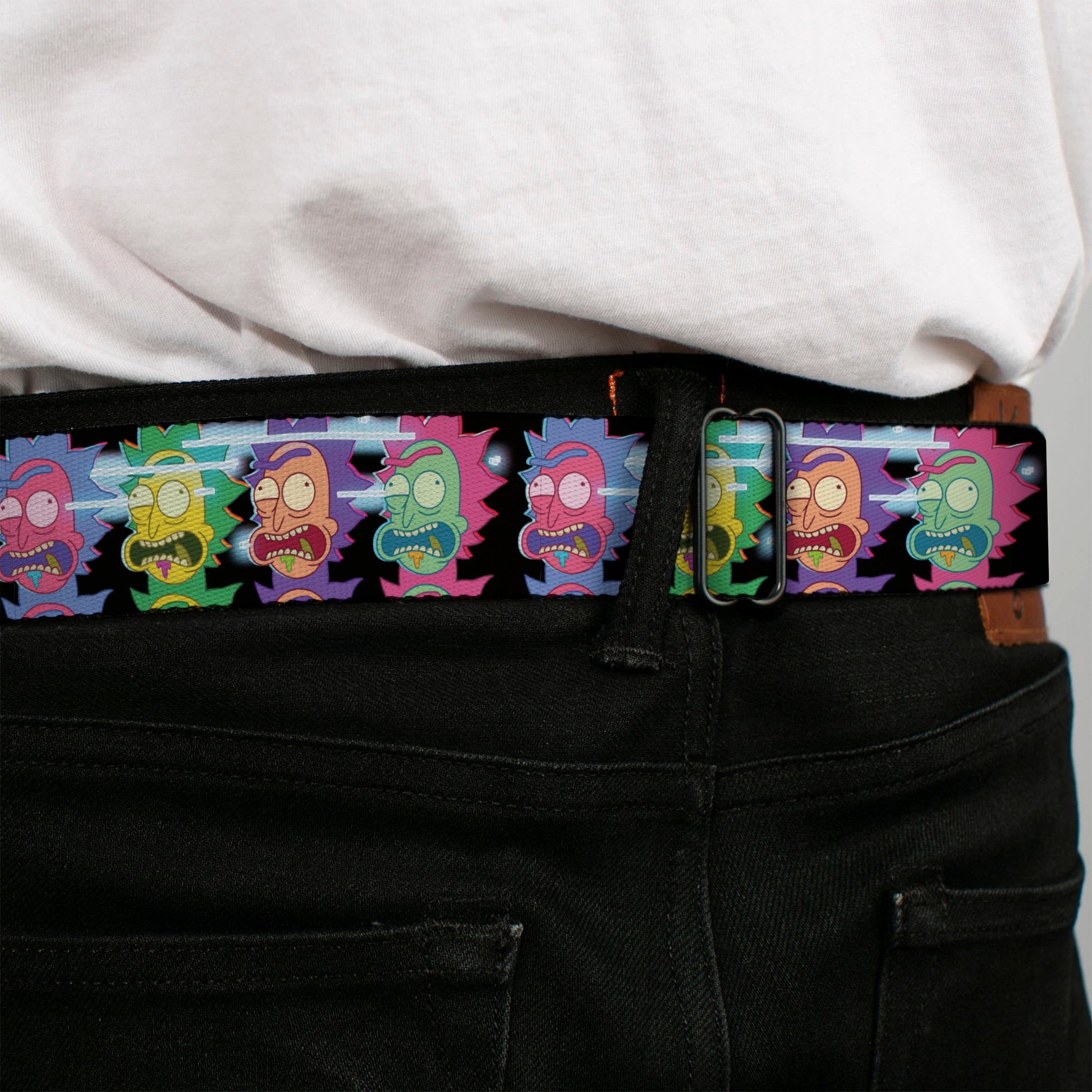 RICK AND MORTY Text Logo Full Color Black/Blue Seatbelt Belt - Rick Sanchez Screaming Face Black/Multi Color Webbing Seatbelt Belts Rick and Morty