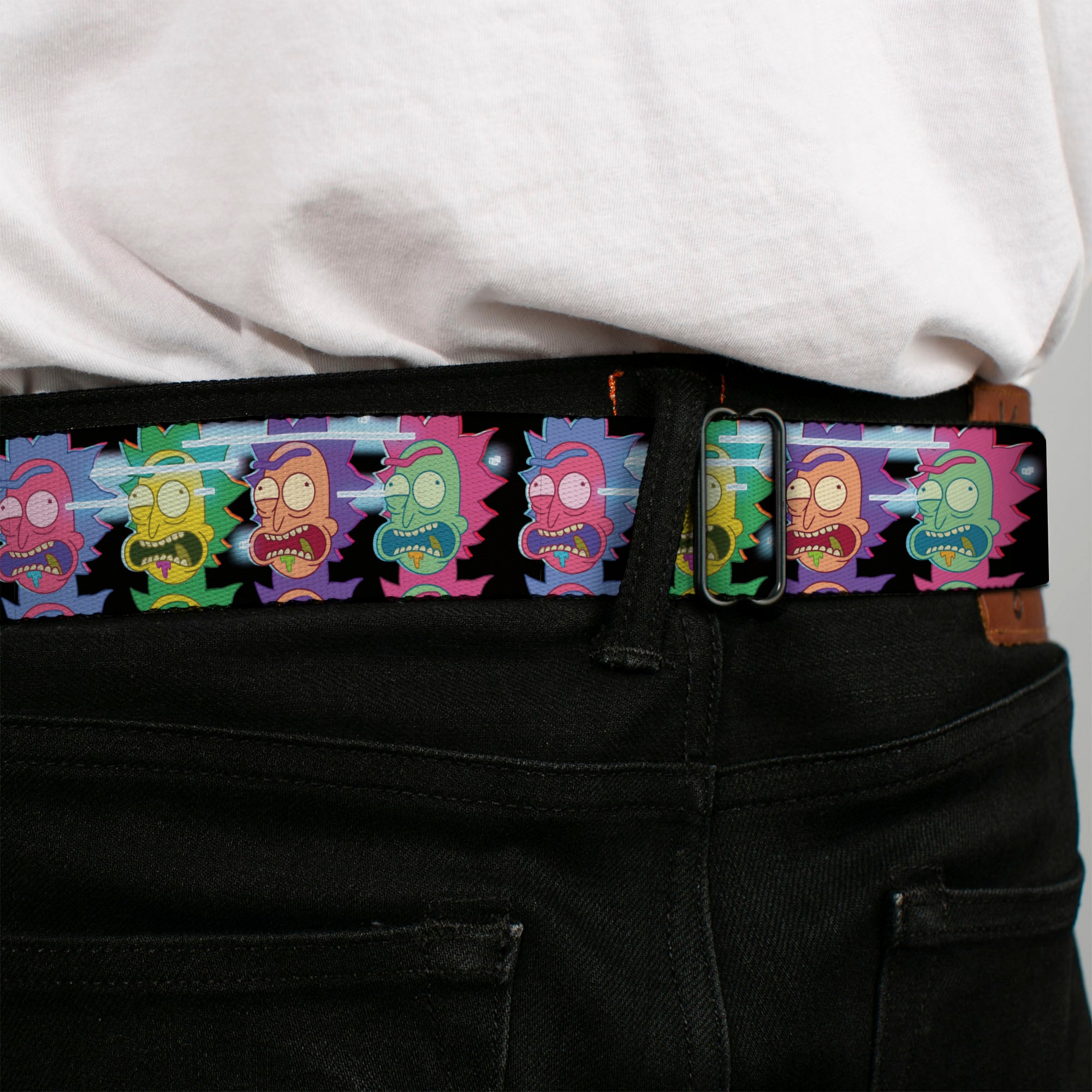 RICK AND MORTY Text Logo Full Color Black/Blue Seatbelt Belt - Rick Sanchez Screaming Face Black/Multi Color Webbing Seatbelt Belts Rick and Morty