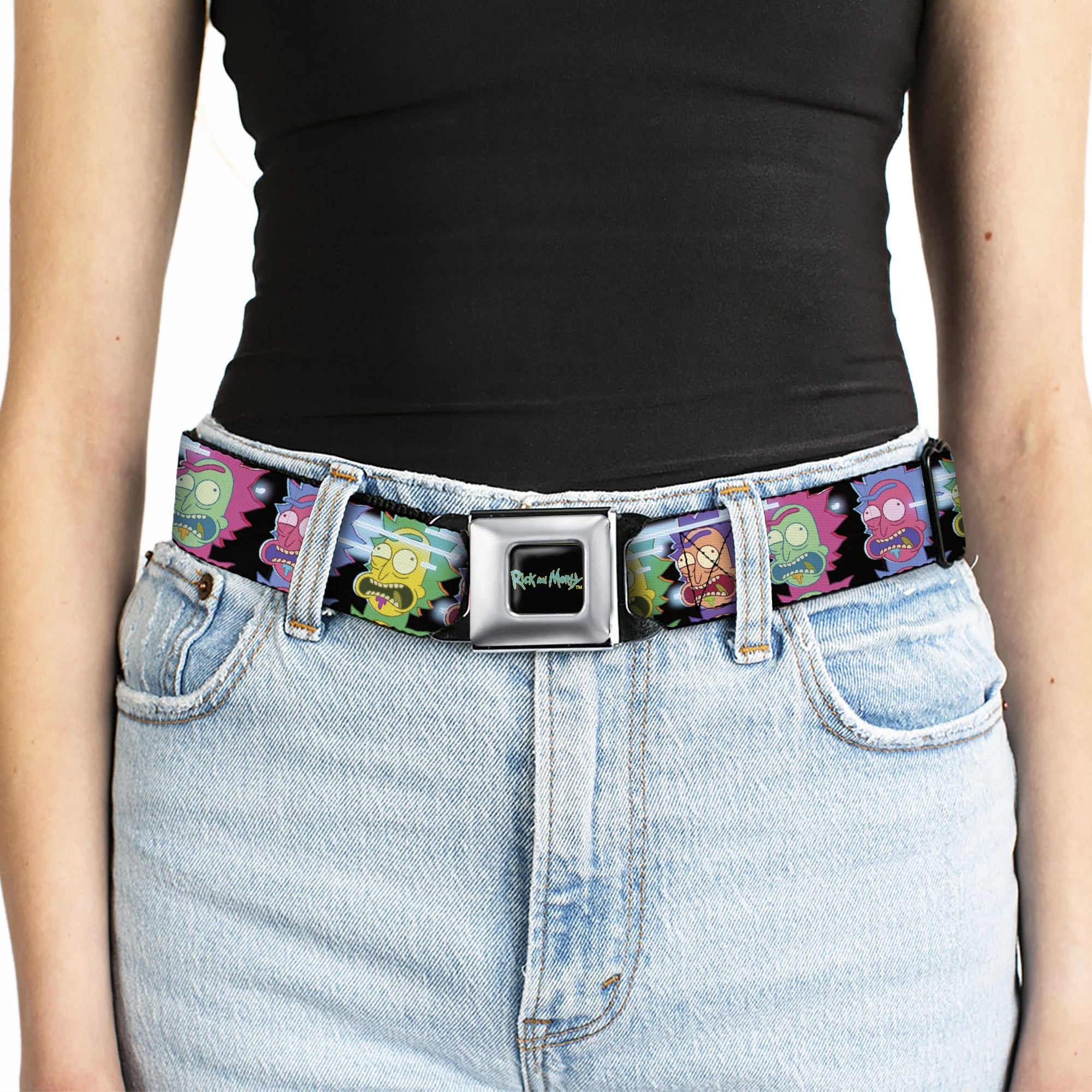 RICK AND MORTY Text Logo Full Color Black/Blue Seatbelt Belt - Rick Sanchez Screaming Face Black/Multi Color Webbing Seatbelt Belts Rick and Morty