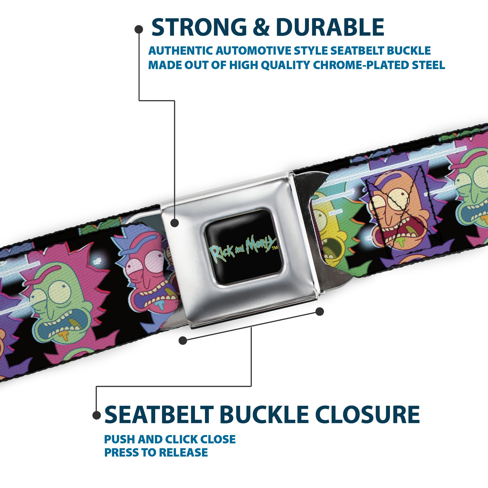 RICK AND MORTY Text Logo Full Color Black/Blue Seatbelt Belt - Rick Sanchez Screaming Face Black/Multi Color Webbing Seatbelt Belts Rick and Morty