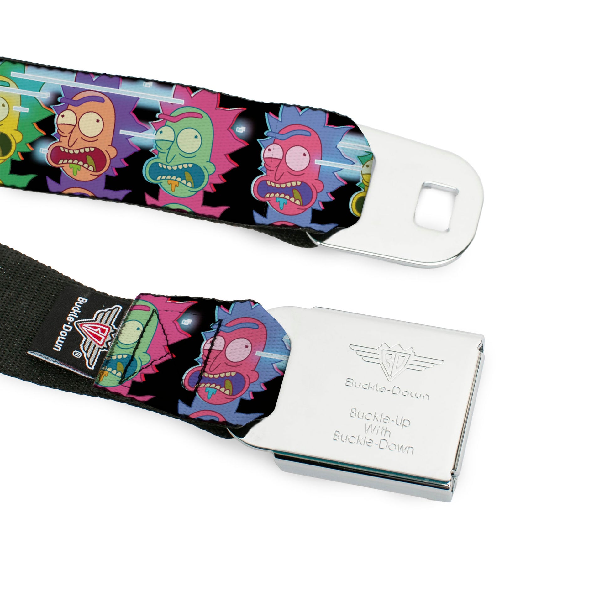 RICK AND MORTY Text Logo Full Color Black/Blue Seatbelt Belt - Rick Sanchez Screaming Face Black/Multi Color Webbing Seatbelt Belts Rick and Morty