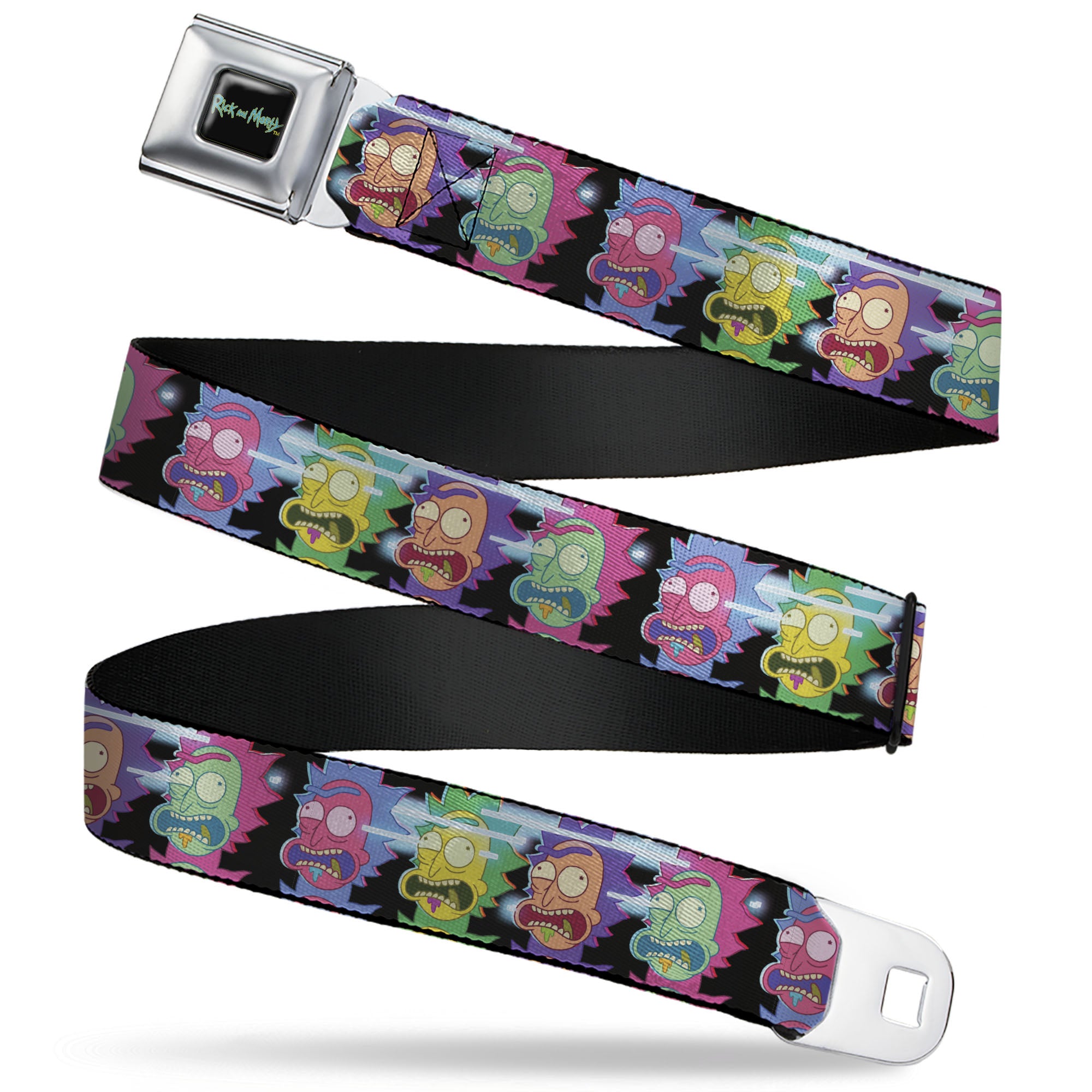RICK AND MORTY Text Logo Full Color Black/Blue Seatbelt Belt - Rick Sanchez Screaming Face Black/Multi Color Webbing Seatbelt Belts Rick and Morty