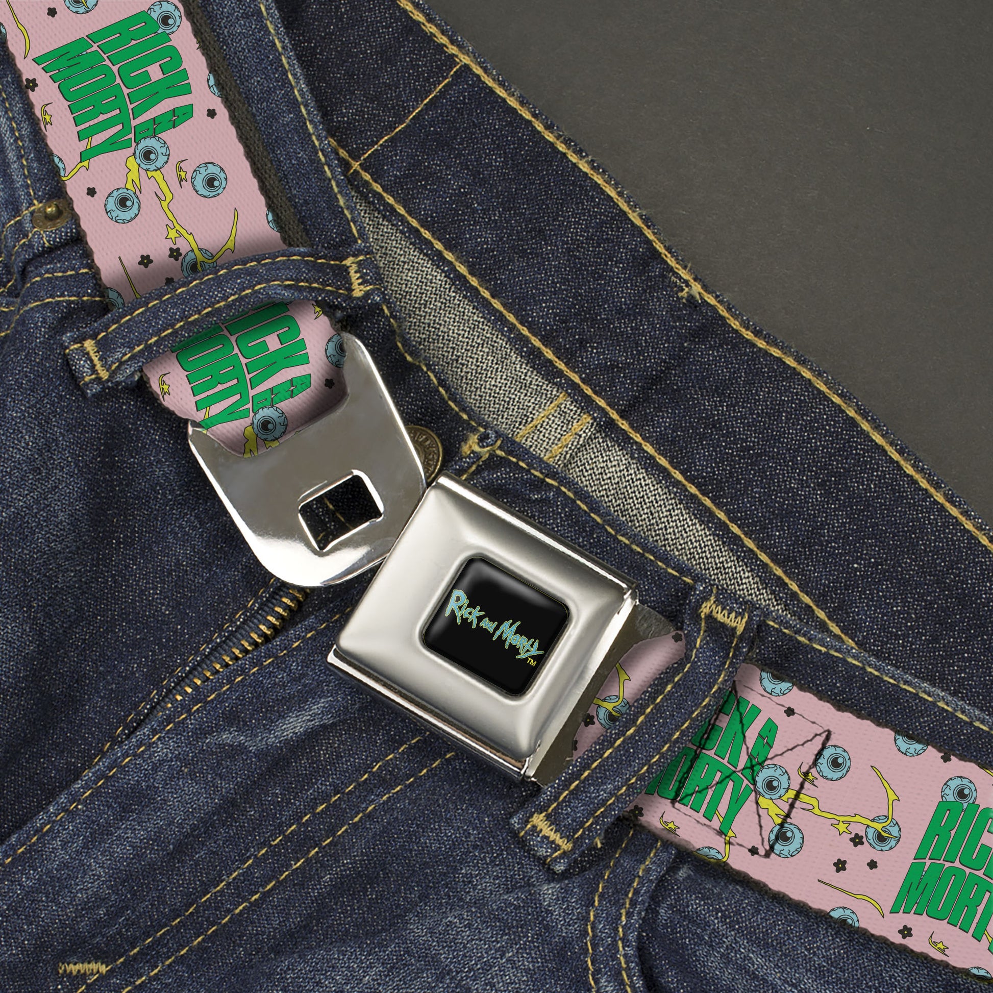 RICK AND MORTY Text Logo Full Color Black/Blue Seatbelt Belt - RICK AND MORTY Text and Eyeball Collage Pink/Green Webbing Seatbelt Belts Rick and Morty