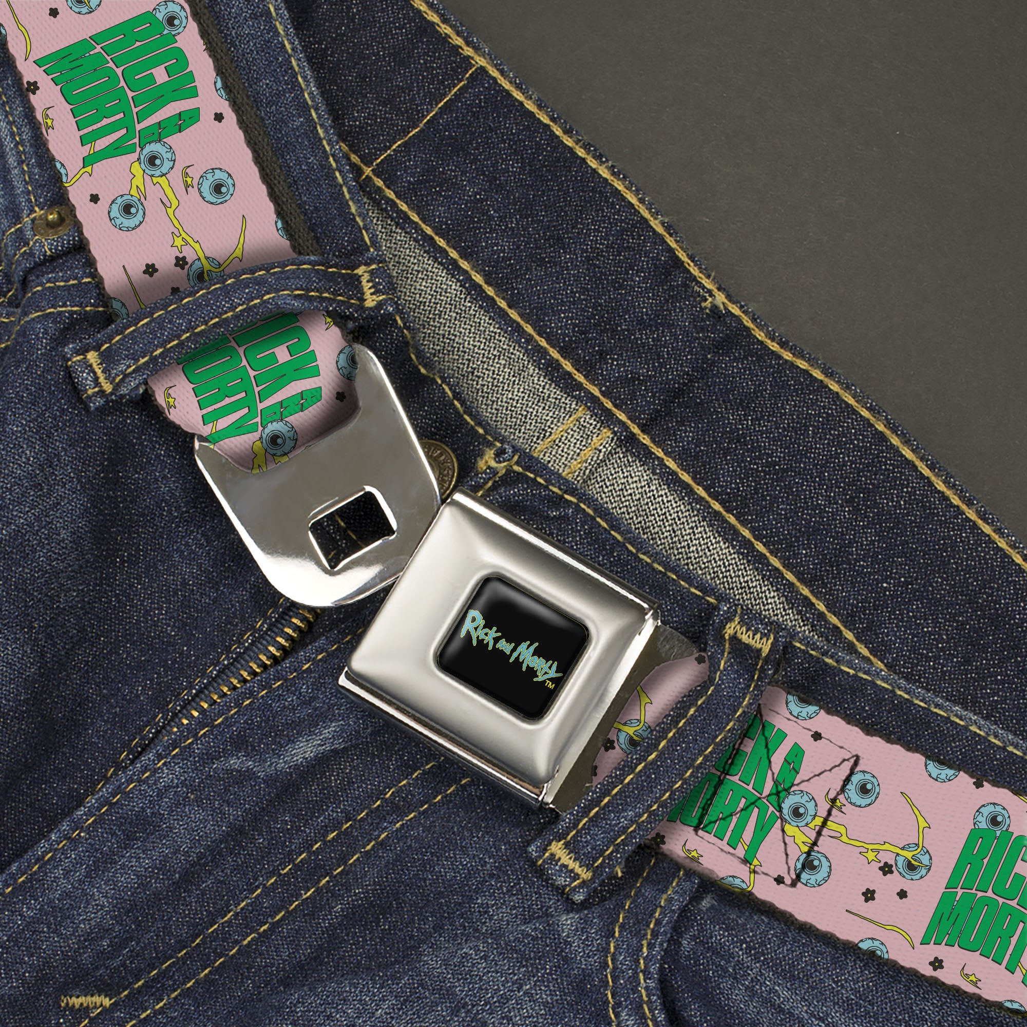 RICK AND MORTY Text Logo Full Color Black/Blue Seatbelt Belt - RICK AND MORTY Text and Eyeball Collage Pink/Green Webbing Seatbelt Belts Rick and Morty