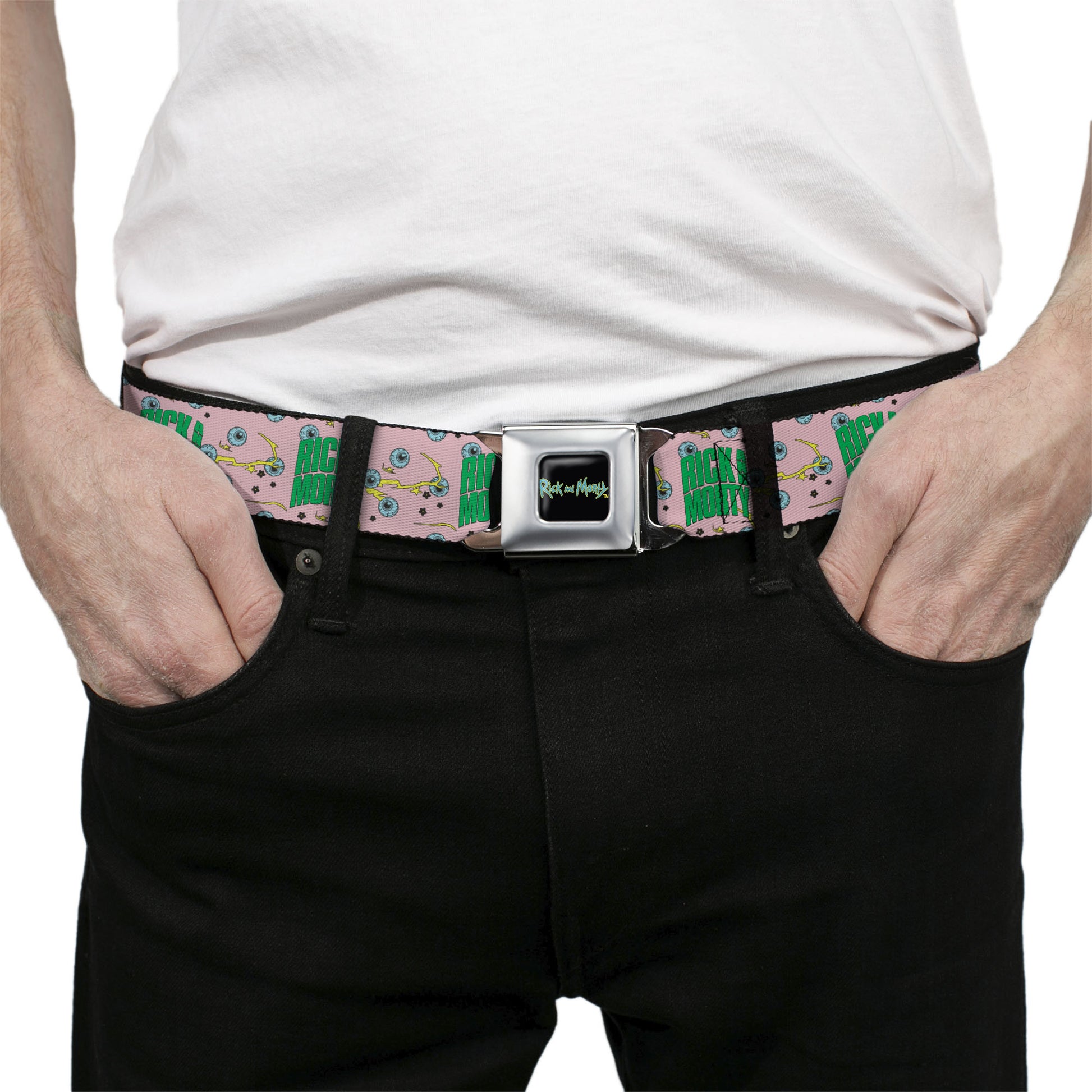RICK AND MORTY Text Logo Full Color Black/Blue Seatbelt Belt - RICK AND MORTY Text and Eyeball Collage Pink/Green Webbing Seatbelt Belts Rick and Morty