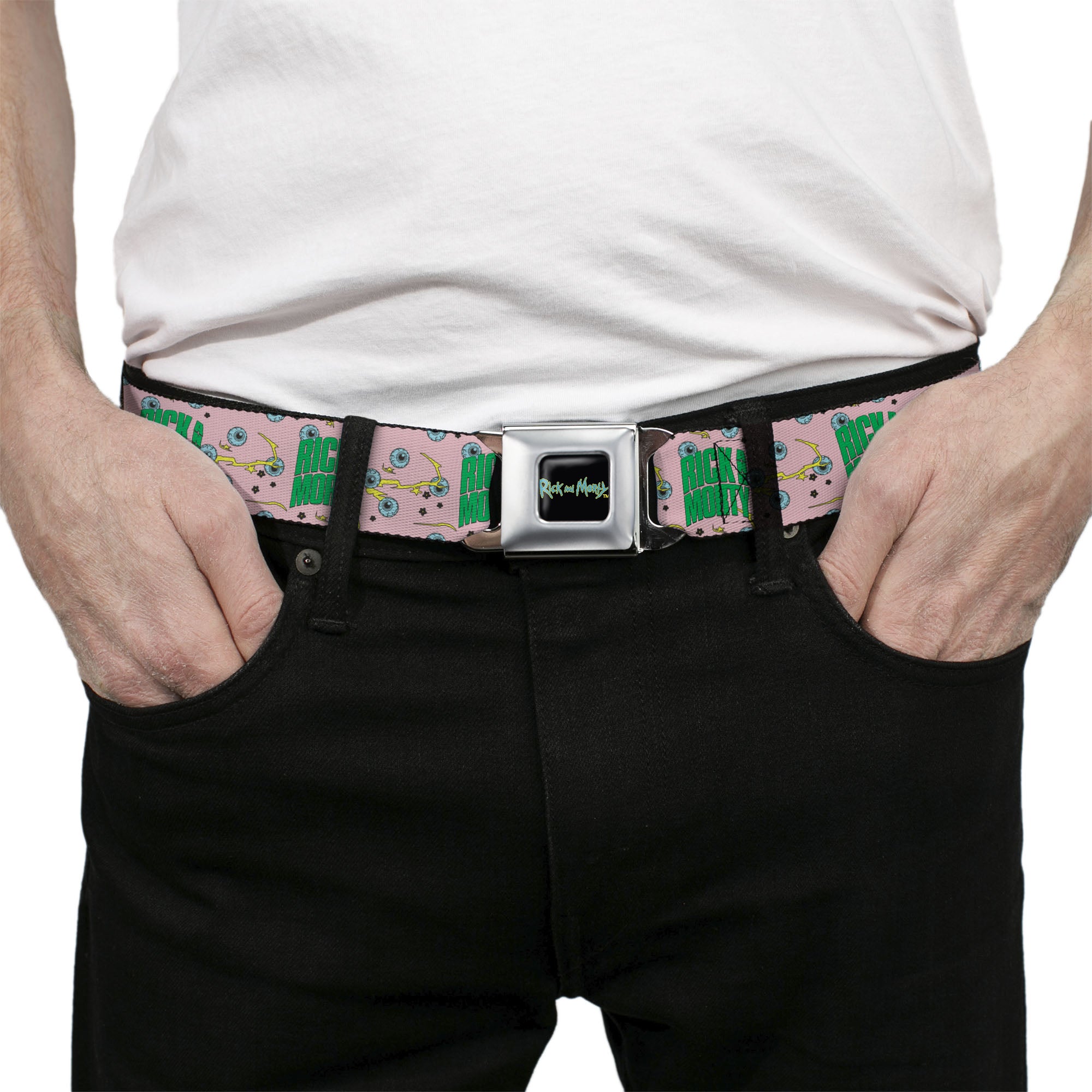 RICK AND MORTY Text Logo Full Color Black/Blue Seatbelt Belt - RICK AND MORTY Text and Eyeball Collage Pink/Green Webbing Seatbelt Belts Rick and Morty