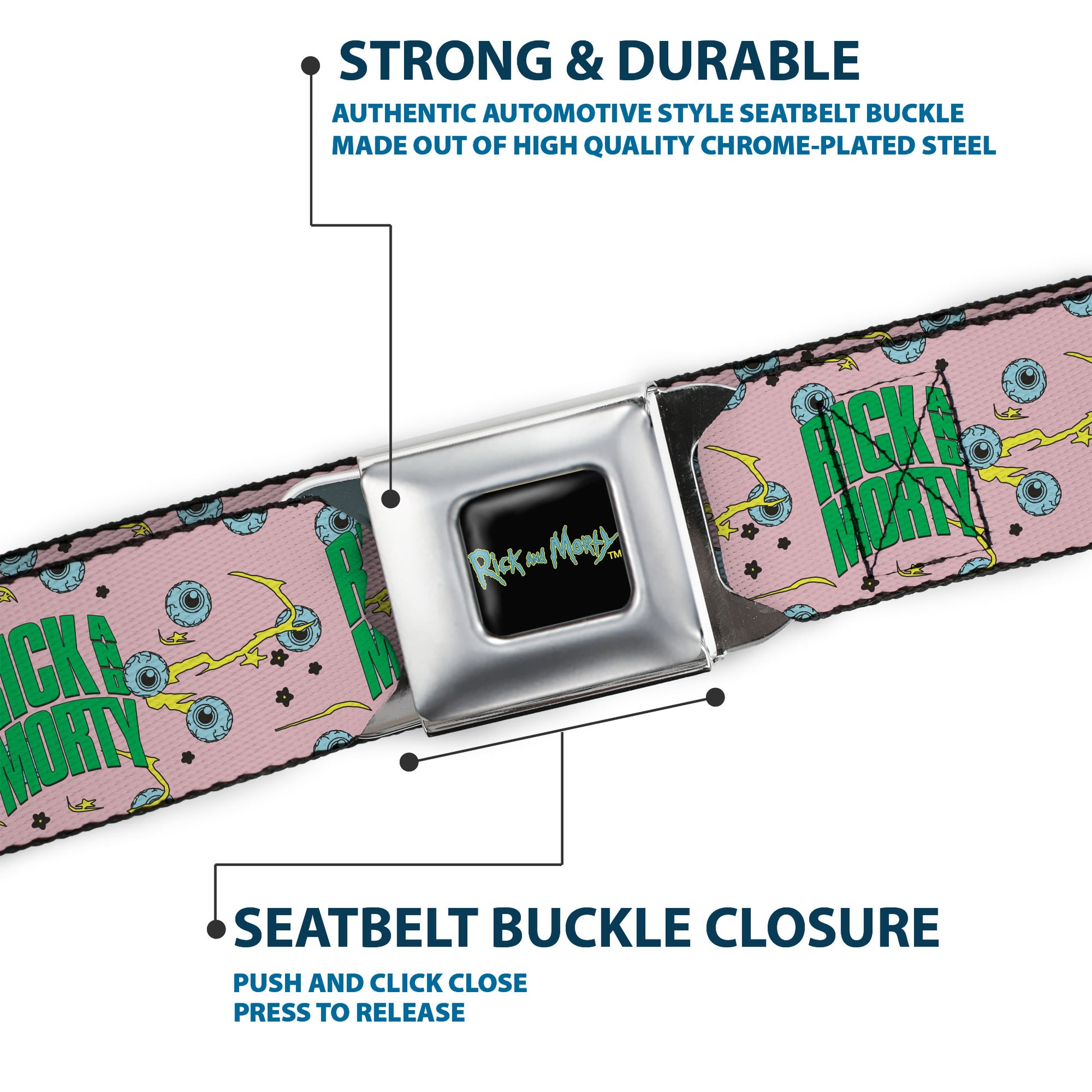RICK AND MORTY Text Logo Full Color Black/Blue Seatbelt Belt - RICK AND MORTY Text and Eyeball Collage Pink/Green Webbing Seatbelt Belts Rick and Morty
