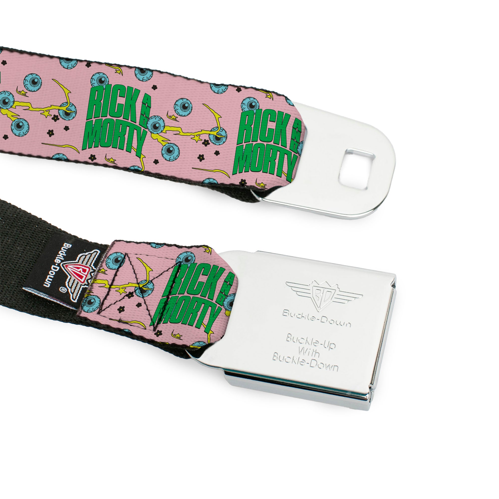 RICK AND MORTY Text Logo Full Color Black/Blue Seatbelt Belt - RICK AND MORTY Text and Eyeball Collage Pink/Green Webbing Seatbelt Belts Rick and Morty