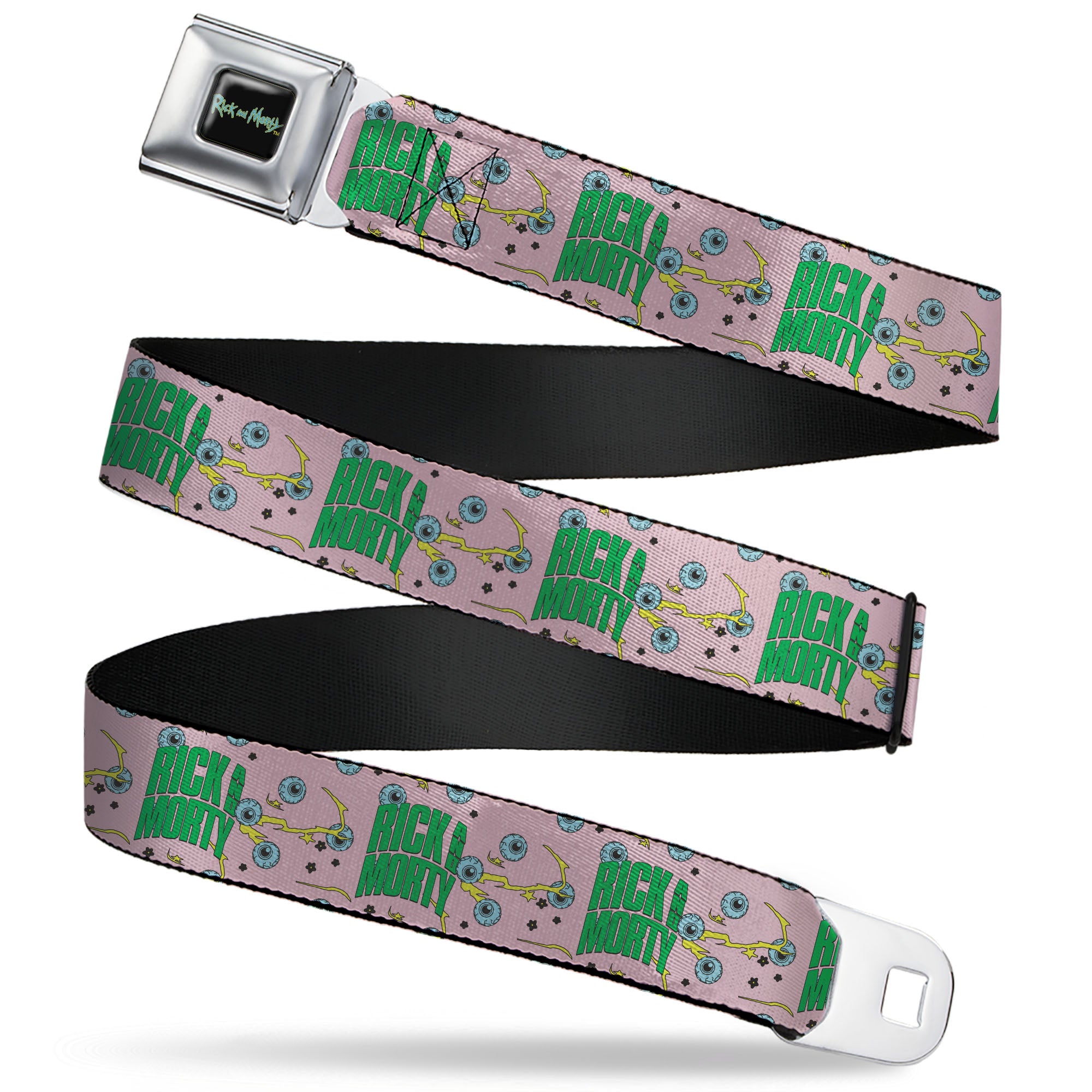 RICK AND MORTY Text Logo Full Color Black/Blue Seatbelt Belt - RICK AND MORTY Text and Eyeball Collage Pink/Green Webbing Seatbelt Belts Rick and Morty