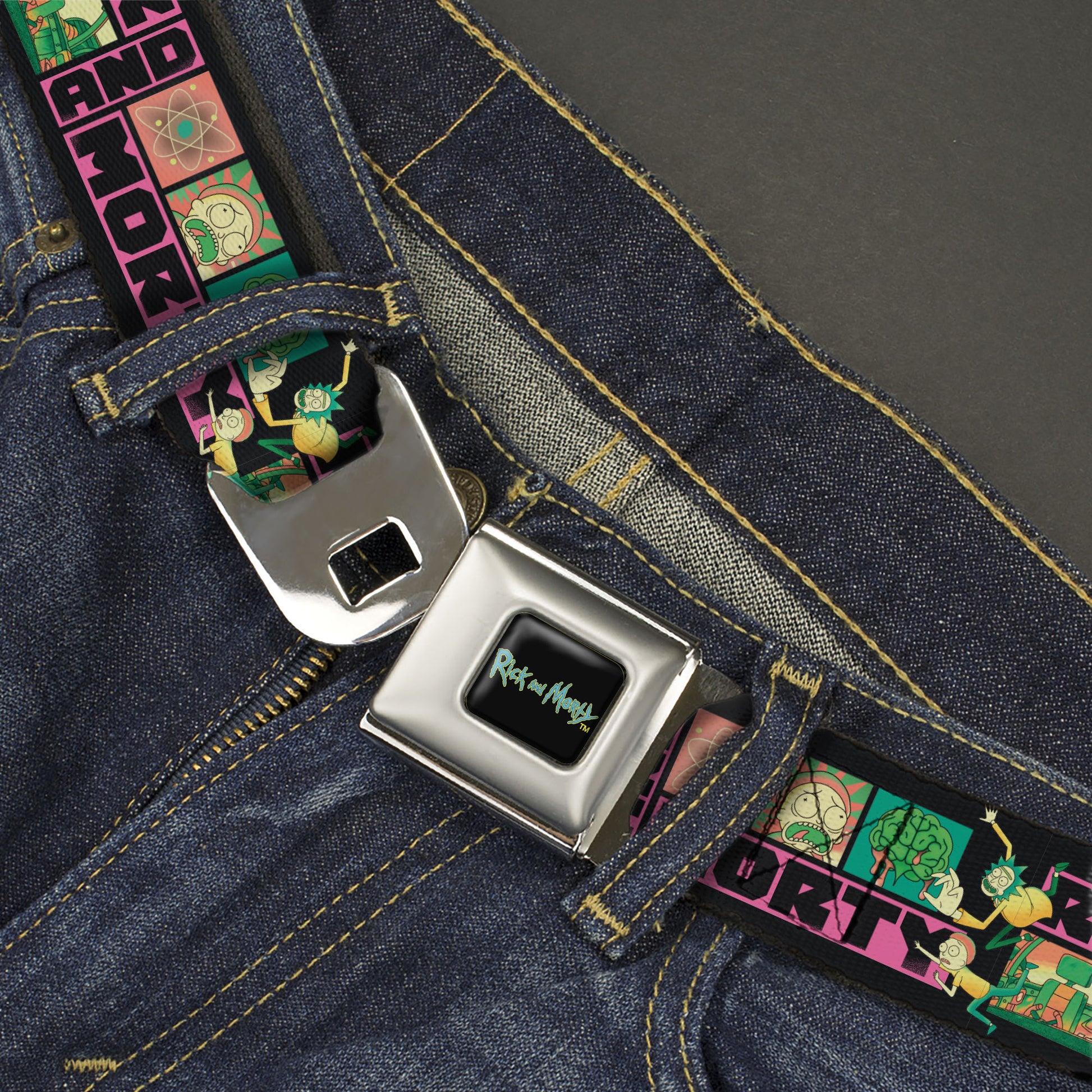 RICK AND MORTY Text Logo Full Color Black/Blue Seatbelt Belt - RICK AND MORTY Text Blocks and Scenes Black/Multi Color Webbing Seatbelt Belts Rick and Morty