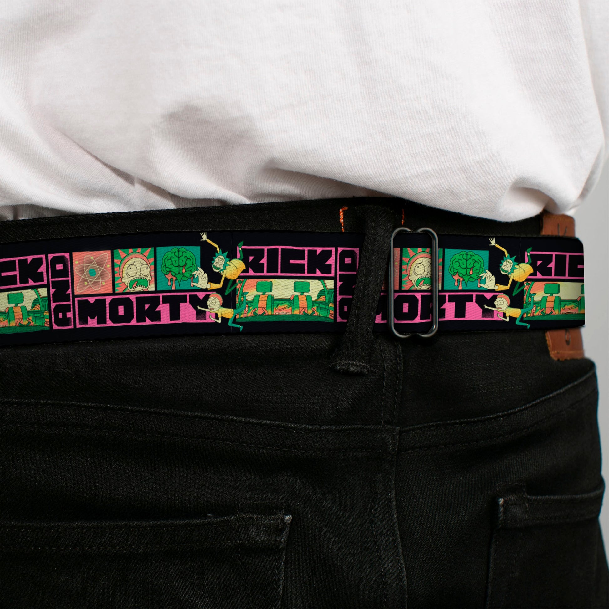 RICK AND MORTY Text Logo Full Color Black/Blue Seatbelt Belt - RICK AND MORTY Text Blocks and Scenes Black/Multi Color Webbing Seatbelt Belts Rick and Morty