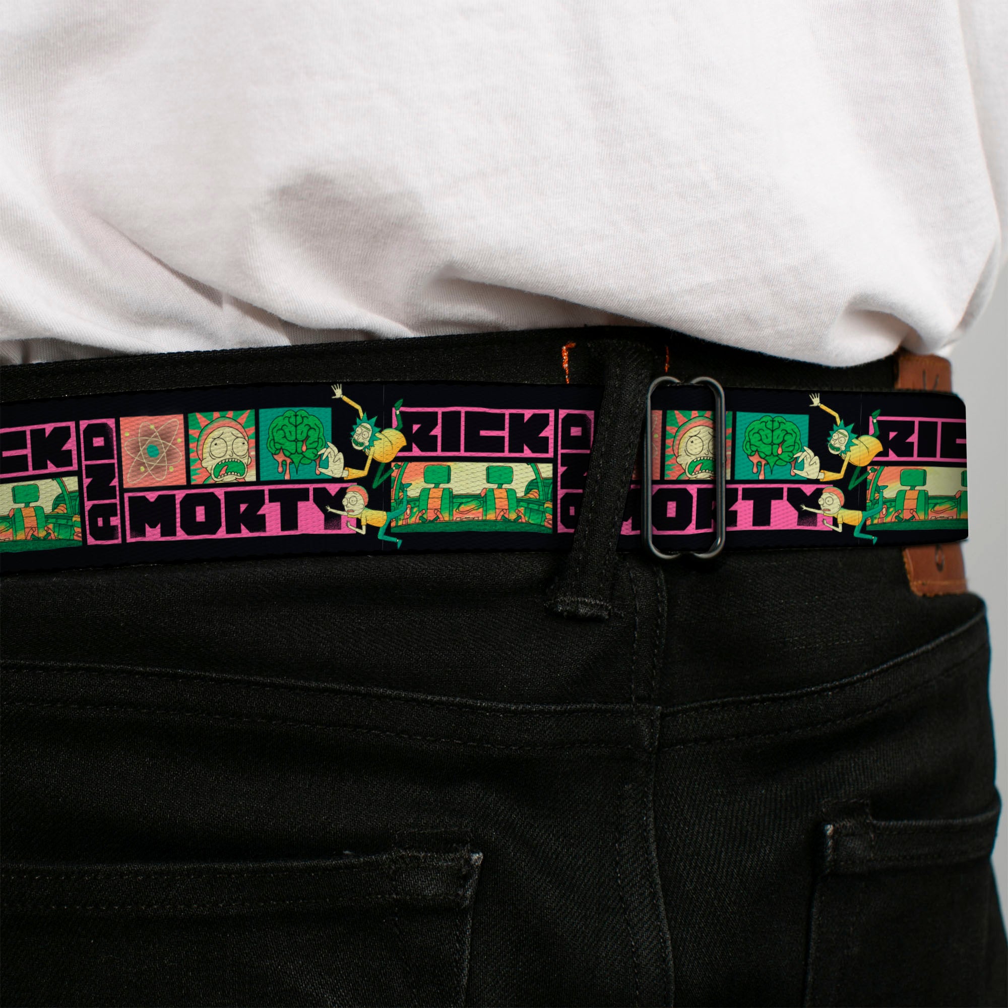 RICK AND MORTY Text Logo Full Color Black/Blue Seatbelt Belt - RICK AND MORTY Text Blocks and Scenes Black/Multi Color Webbing Seatbelt Belts Rick and Morty