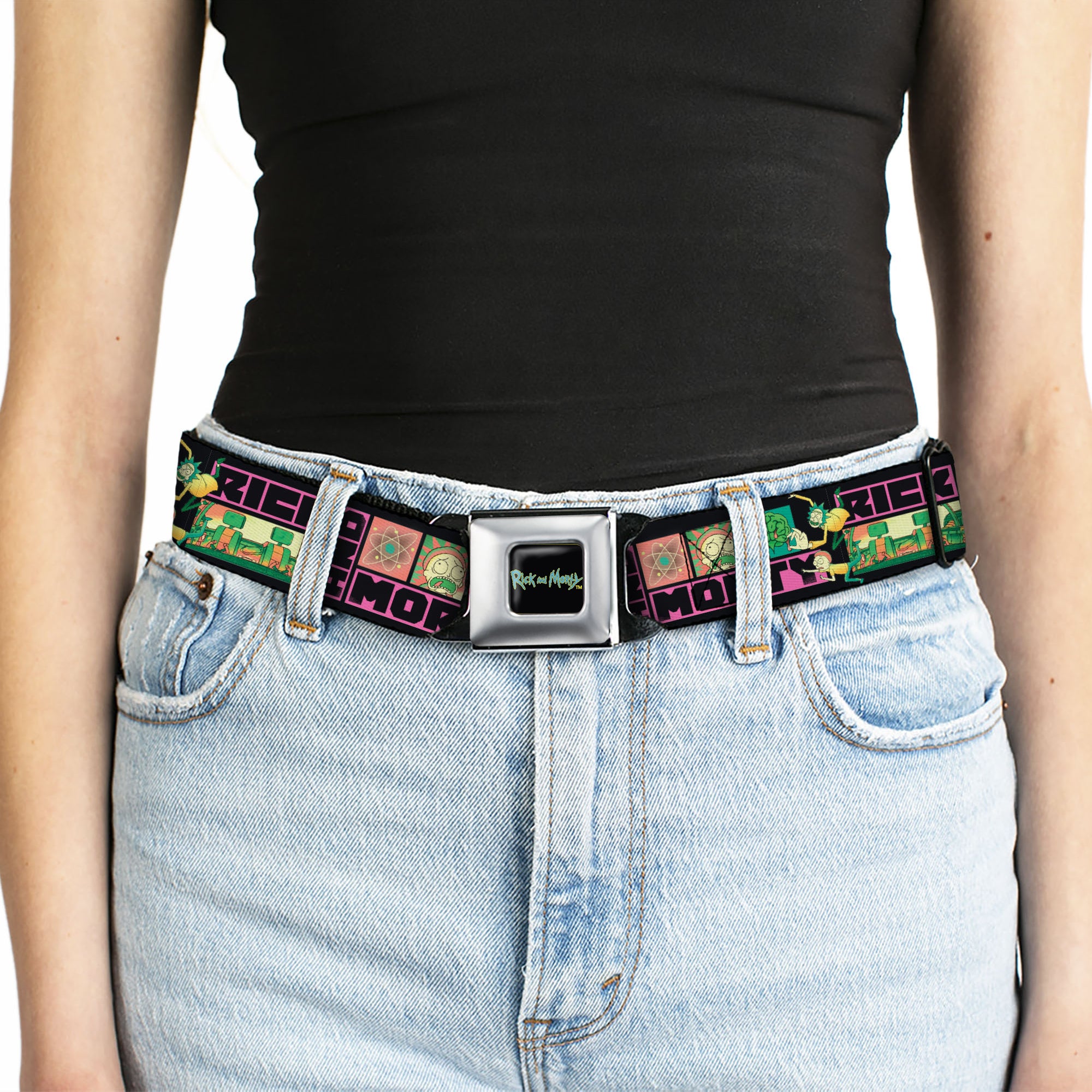 RICK AND MORTY Text Logo Full Color Black/Blue Seatbelt Belt - RICK AND MORTY Text Blocks and Scenes Black/Multi Color Webbing Seatbelt Belts Rick and Morty