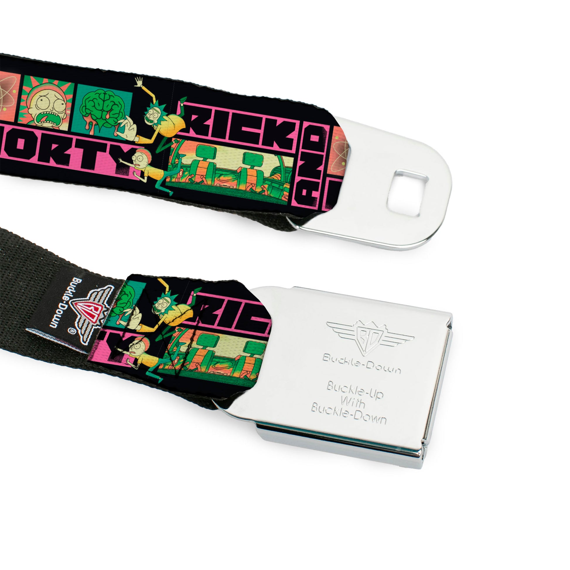 RICK AND MORTY Text Logo Full Color Black/Blue Seatbelt Belt - RICK AND MORTY Text Blocks and Scenes Black/Multi Color Webbing Seatbelt Belts Rick and Morty