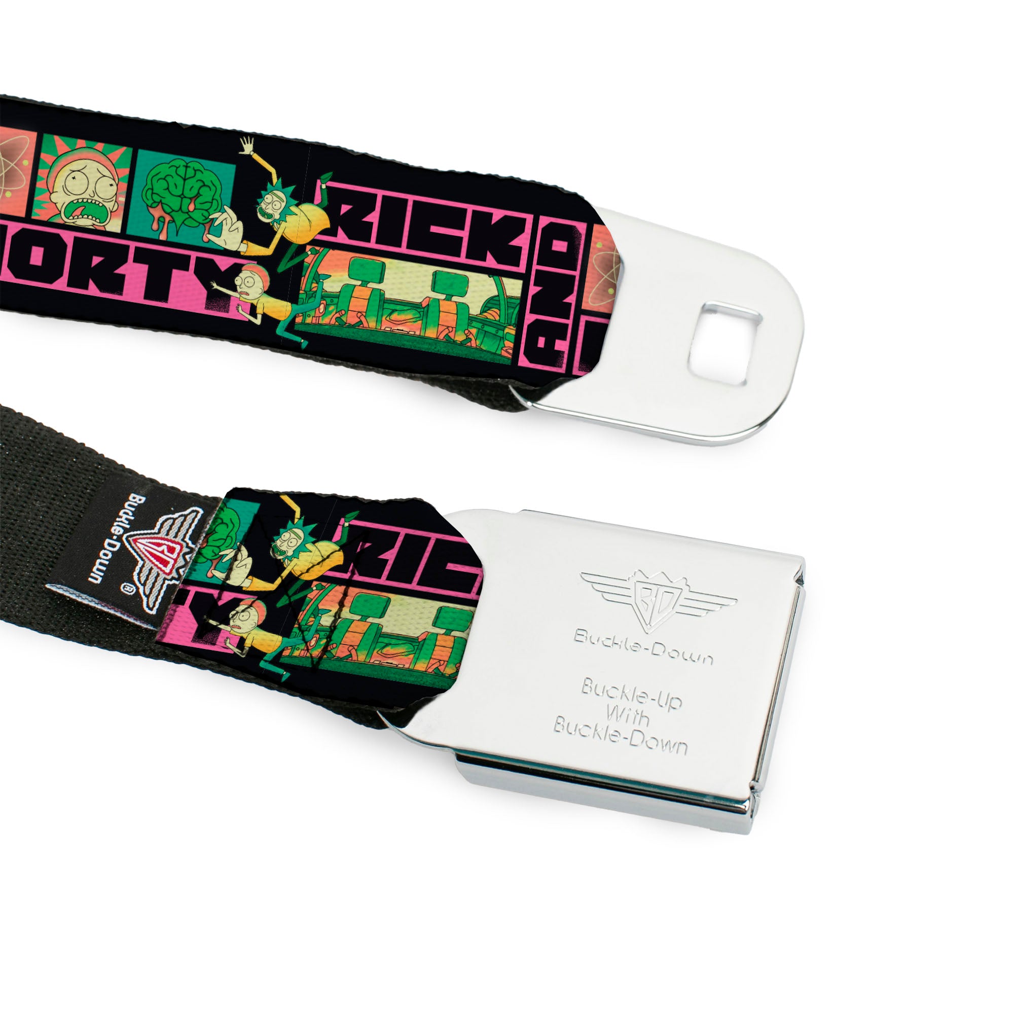 RICK AND MORTY Text Logo Full Color Black/Blue Seatbelt Belt - RICK AND MORTY Text Blocks and Scenes Black/Multi Color Webbing Seatbelt Belts Rick and Morty