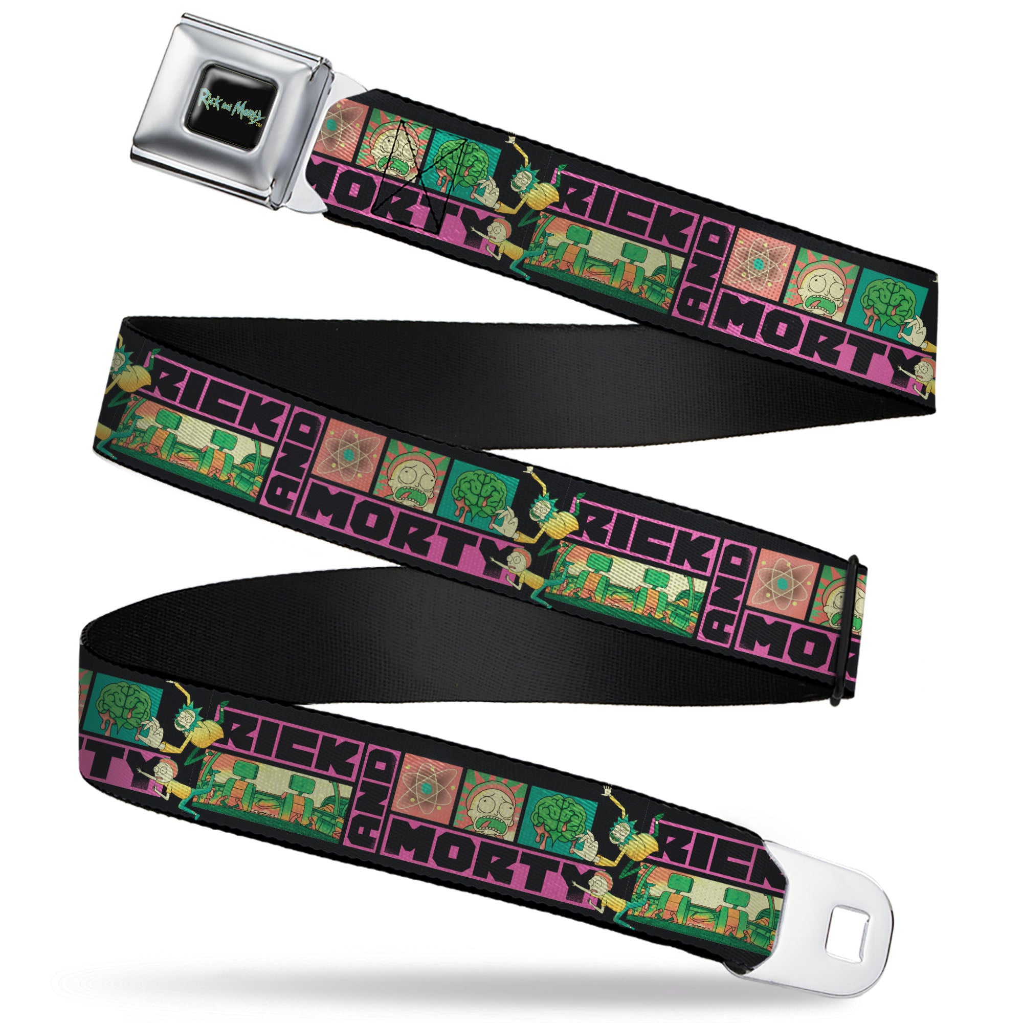 RICK AND MORTY Text Logo Full Color Black/Blue Seatbelt Belt - RICK AND MORTY Text Blocks and Scenes Black/Multi Color Webbing Seatbelt Belts Rick and Morty