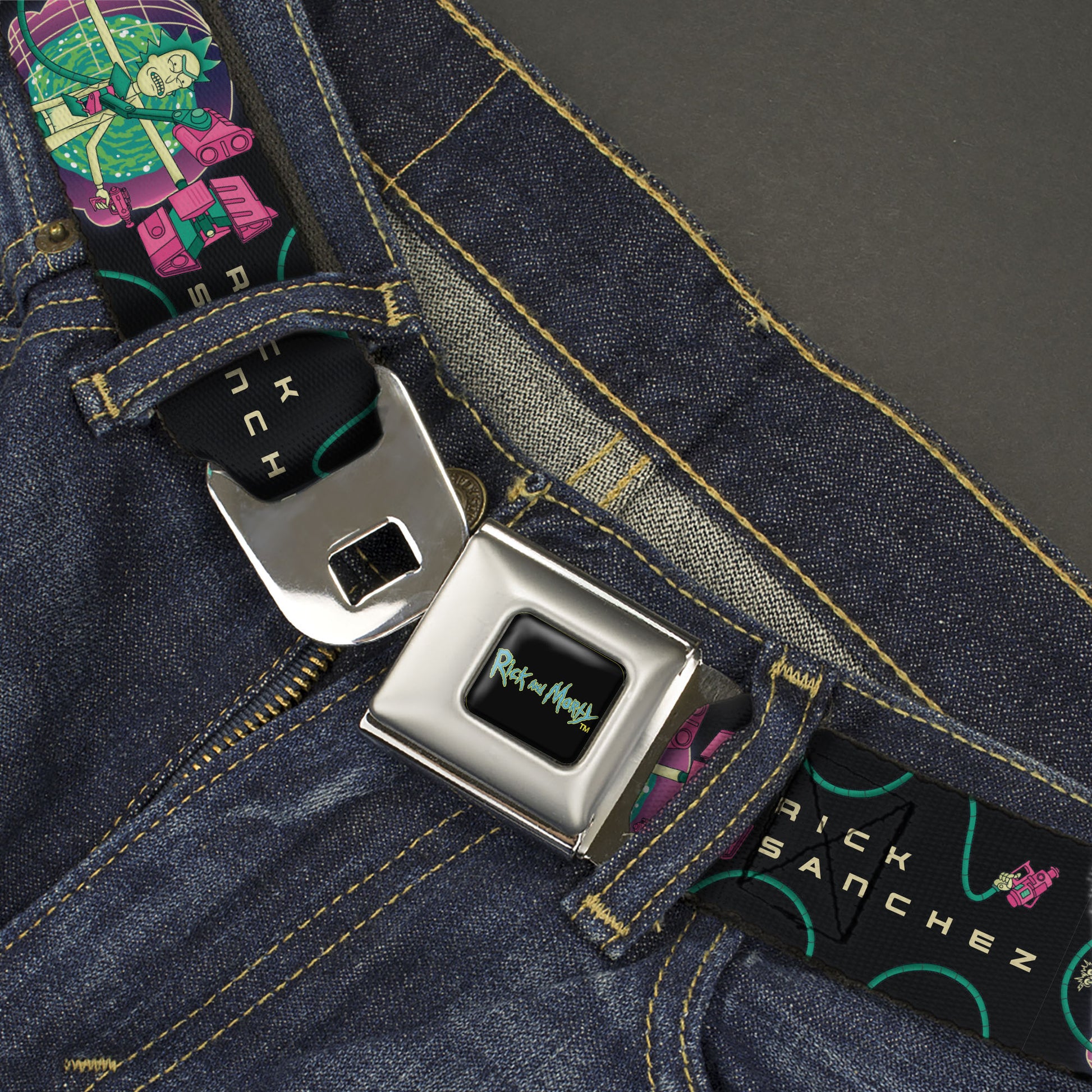 RICK AND MORTY Text Logo Full Color Black/Blue Seatbelt Belt - RICK SANCHEZ Multi Arm Portal Pose Black/Blues/Pinks Webbing Seatbelt Belts Rick and Morty