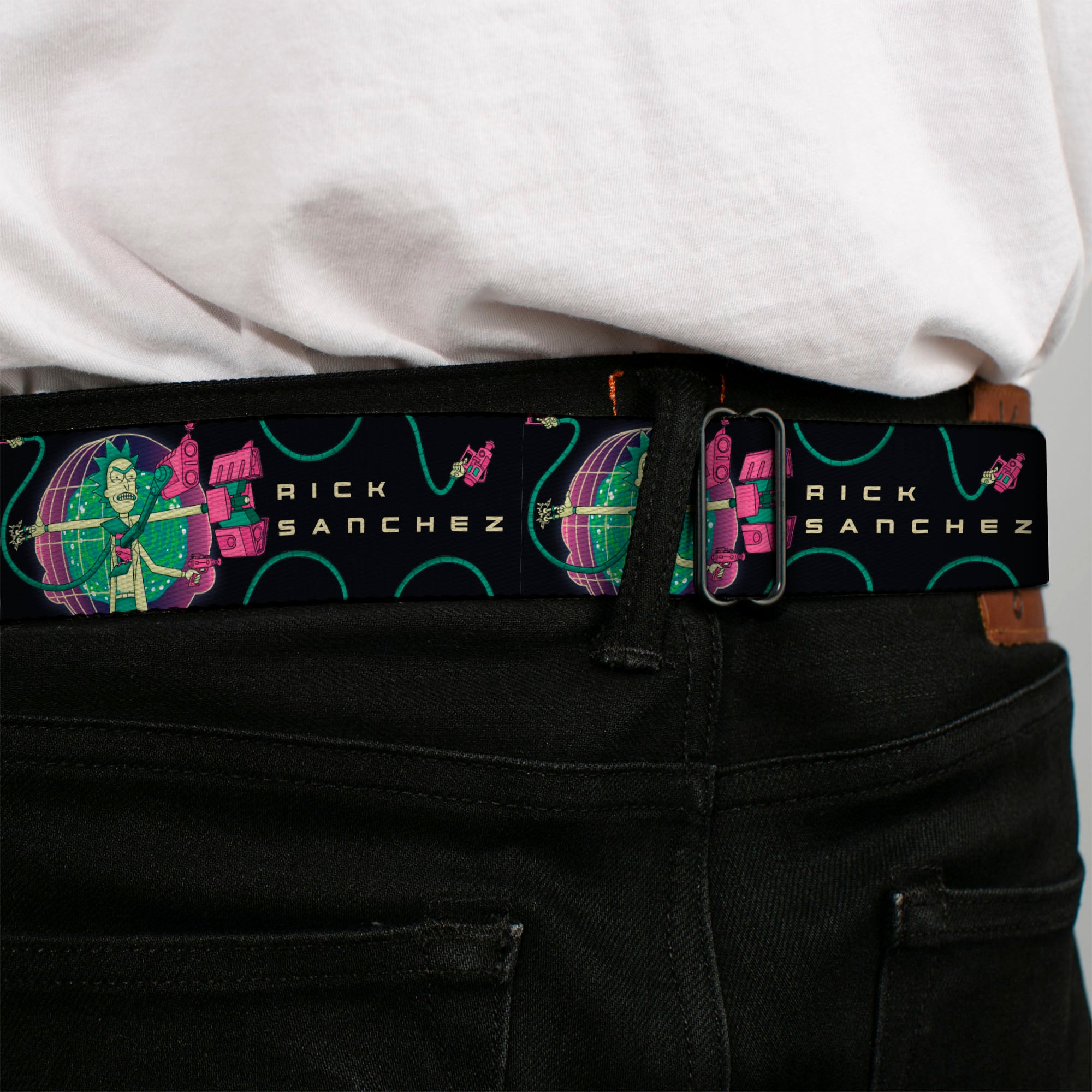 RICK AND MORTY Text Logo Full Color Black/Blue Seatbelt Belt - RICK SANCHEZ Multi Arm Portal Pose Black/Blues/Pinks Webbing Seatbelt Belts Rick and Morty