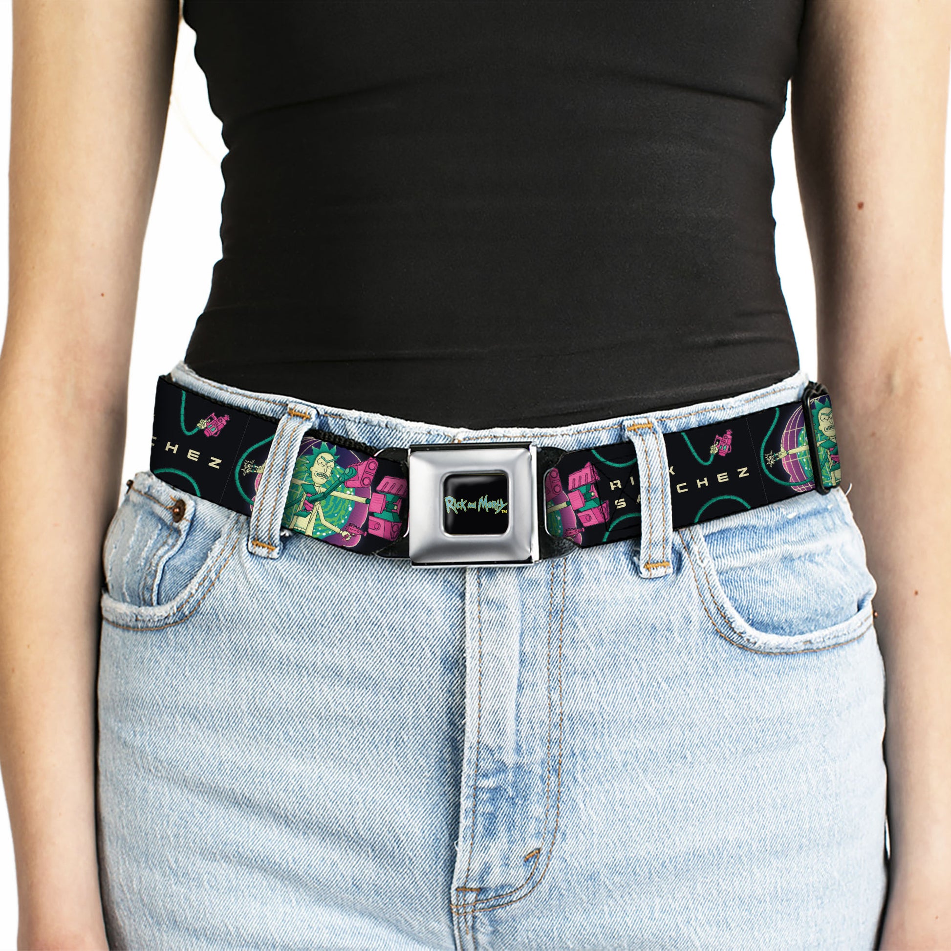 RICK AND MORTY Text Logo Full Color Black/Blue Seatbelt Belt - RICK SANCHEZ Multi Arm Portal Pose Black/Blues/Pinks Webbing Seatbelt Belts Rick and Morty